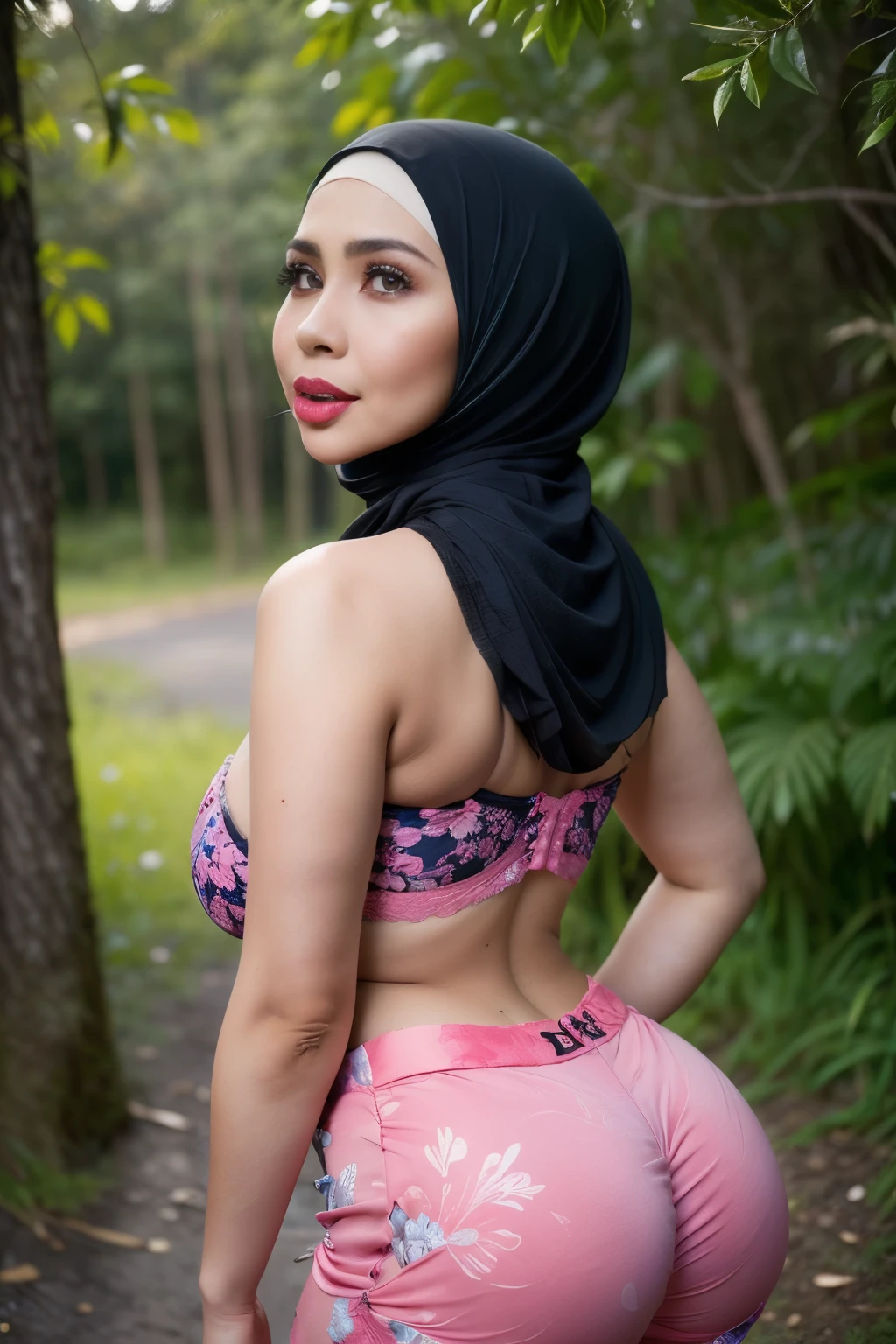 (((Shiny dark skin))), (((Saggy tits))), (((saggy boobs))), (((saggy breasts))), (((Huge tits))), (((Huge boobs))), (((huge breasts))), ((thick lips:1.7)), Lace, (Happy smile), (((HIJAB MALAY GIRL))), masutepiece, High quality, UHD 32K, Realistic face, Realistic skin feeling , A Japanese Lady, 8 years old, , Very cute and baby-like face, (Night time at forest), ((look In front  at the camera and SADNESS)), (((FLUORESCENCE))), (((CUTE GIRL))), ((RED LIPS)), ((Floral Pattern)) little wearing strapless bra, strapless colorful bra, dark night horror scary place (from behind up) seductive pose NAKED