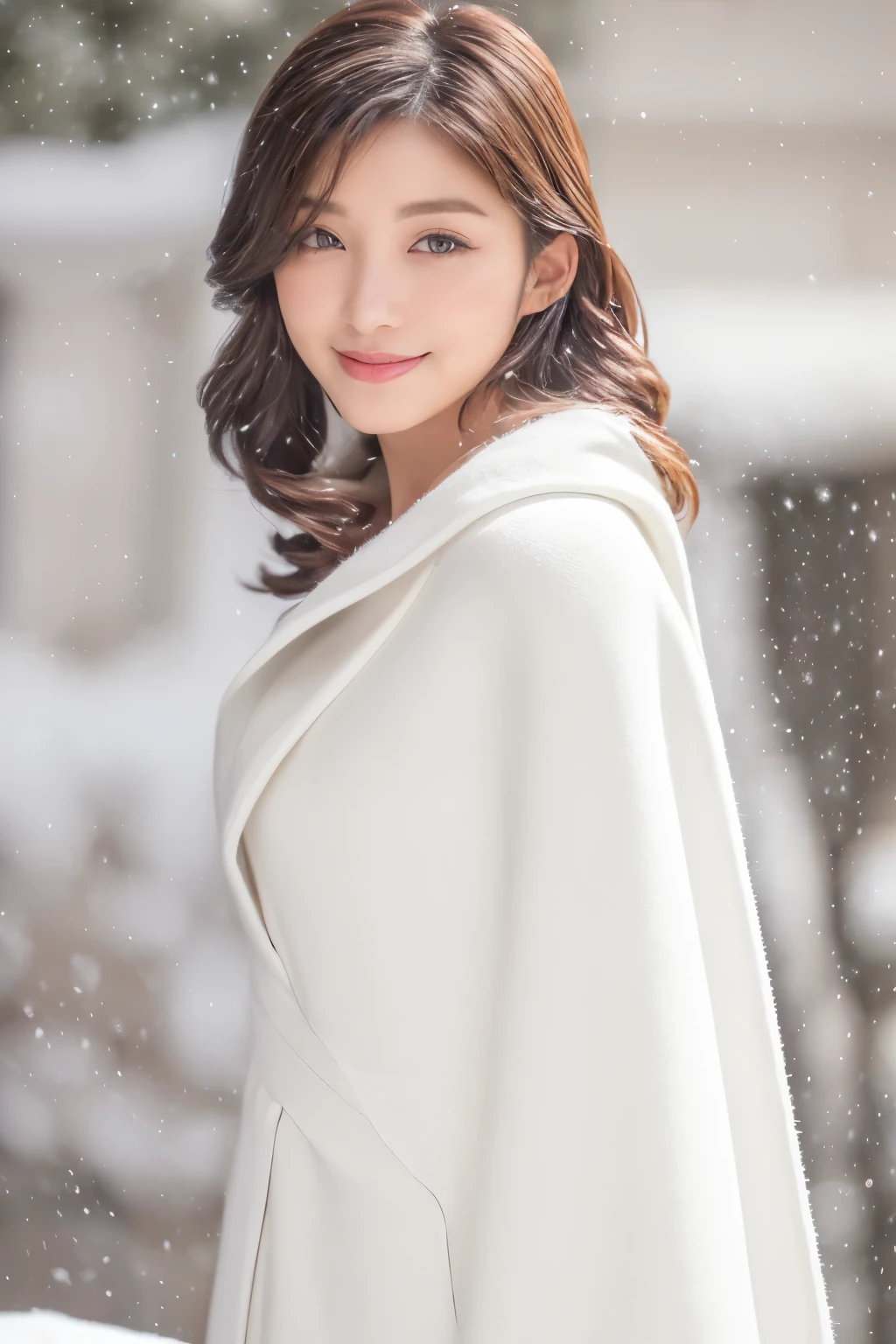 table top、(highest quality、4k、8k、High resolution、master piece: 1.2)、Super detailed、(real、photorealistic、photorealistic: 1.37),((White Cape and winter coat )), ((hair in a ban)),Complex and beautiful eyes、woman、Feminine hairstyle、natural color lip、(( posing))、smile, Cute and sexy shot looking at the camera,(( winter and snow outside )), ((night)),
