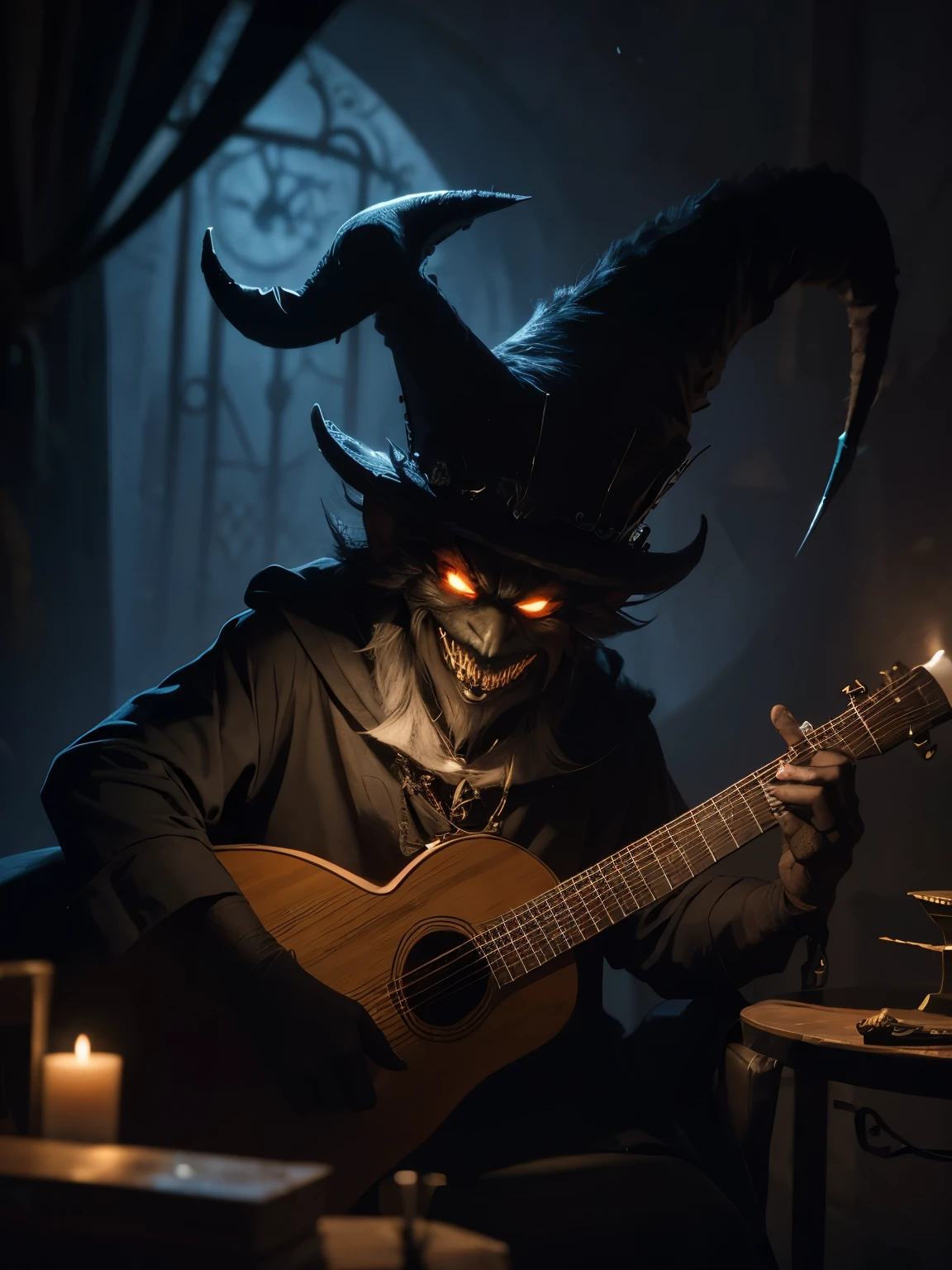 There exists a mischievous monster from a realm of nightmares, adorned with a quirky hat atop his pointy ears, and a stringed lute hanging loosely in his hand, readying himself for a melodic performance.