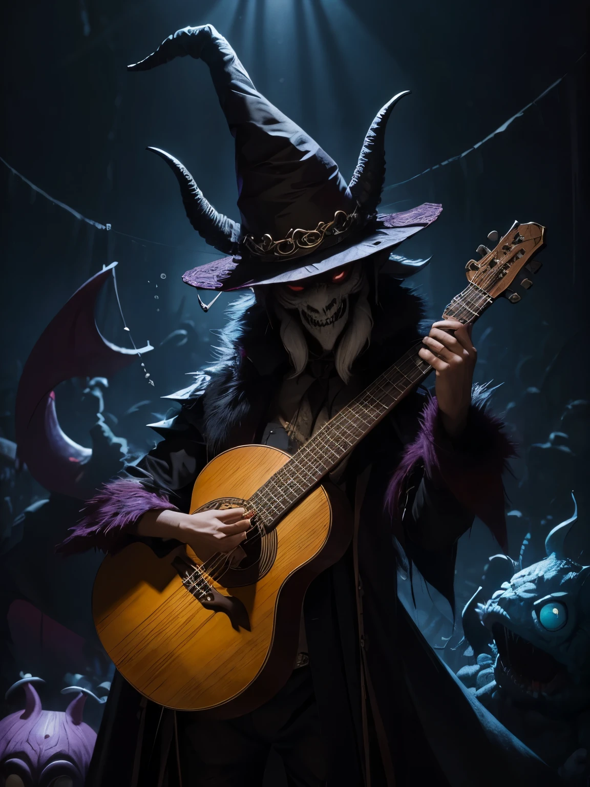 There exists a mischievous monster from a realm of nightmares, adorned with a quirky hat atop his pointy ears, and a stringed lute hanging loosely in his hand, readying himself for a melodic performance.