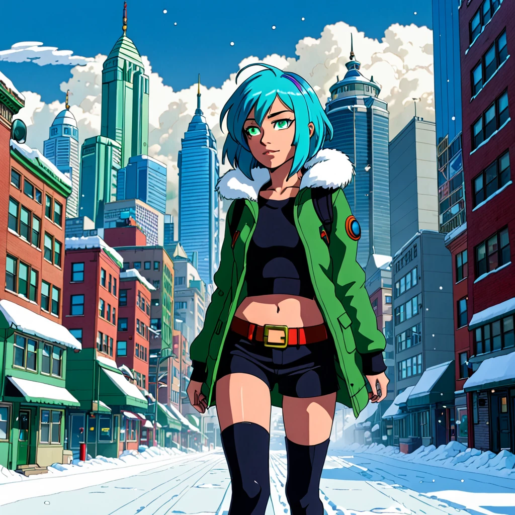 best quality,ultra high res,1girl,solo,full body,snow,city,, blue hair,green eyes,jk, futurama