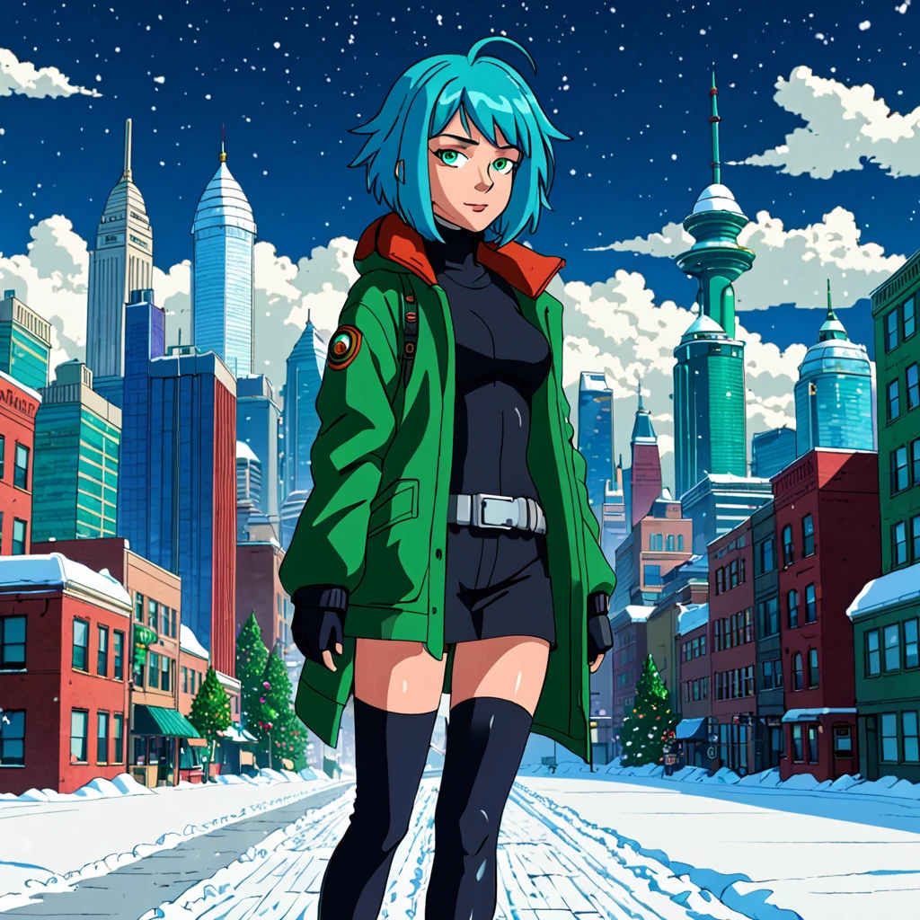 best quality,ultra high res,1girl,solo,full body,snow,city,, blue hair,green eyes,jk, futurama