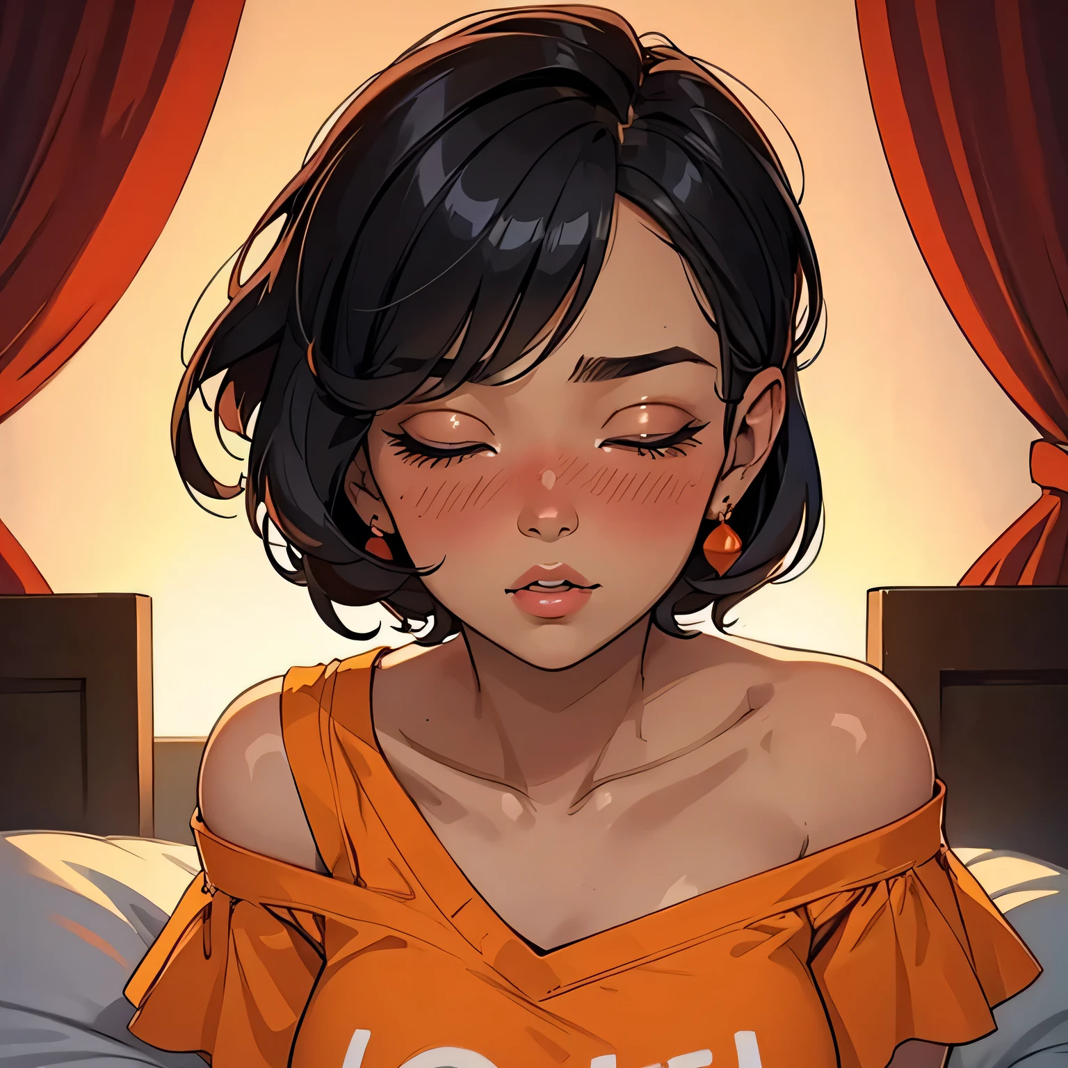 Amazing portrait of a sexy and cute girl with a short bob hairstyle and a seductive gaze who is blushing intensely with parted lips and is desperate and flustered and lustful wearing an off shoulder orange t shirt showcasing her bare shoulder while lying on bed