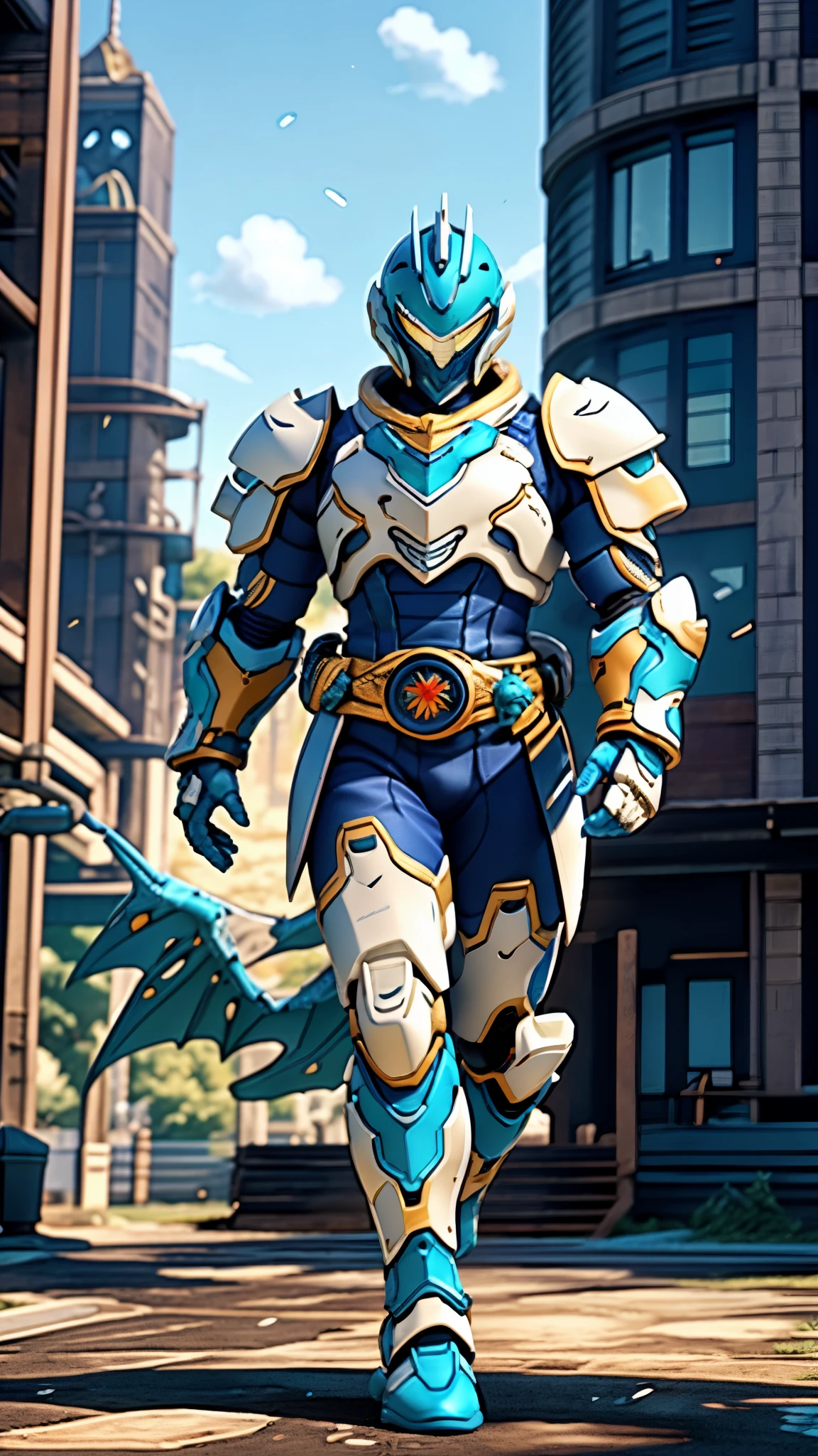 A man wearing a full-face helmet, a fantasy-style biotech armored combat suit, green eyes, (a composite layered chest armor), fully enclosed shoulder guards, matching arm and leg guards, the belt is adorned with dragon Halo, (the color scheme is primarily white with blue and blue accents), the design balances heavy with agility, a high-tech bio-mecha armor, (Armor Concept Inspired by Angel, the huge wings, stand on the top of a skyscraper in a futuristic sci-fi city), this character embodies a finely crafted fantasy-surreal style armored hero in anime style, exquisite and mature manga art style, (battle damage, element, plasma, energy, the armor glows), ((male:1.5)), metallic, real texture material, dramatic, high definition, best quality, highres, ultra-detailed, ultra-fine painting, extremely delicate, professional, perfect body proportions, golden ratio, anatomically correct, symmetrical face, extremely detailed eyes and face, high quality eyes, creativity, RAW photo, UHD, 32k, Natural light, cinematic lighting, masterpiece-anatomy-perfect, masterpiece:1.5