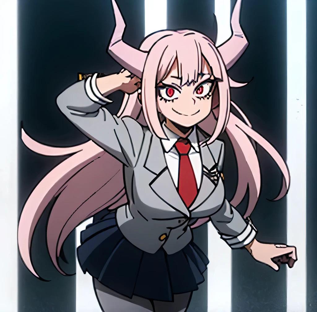 1girl, black small demon horns, big breasts, long hair, light pink hair, pink eyes, smile, looking at viewer, cowboy shot, solo, female focus, gray jacket, red tie, white shirt, teal skirt, gray pantyhose, boots 