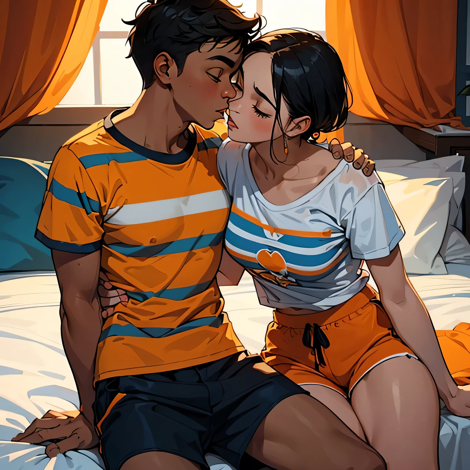 Amazing portrait of a young woman wearing white and orange striped t shirt and orange shorts and young boy wearing a navy blue t shirt and black shorts sitting on a bed together and kissing and making out passionately in a sexy and hot and lustful setting