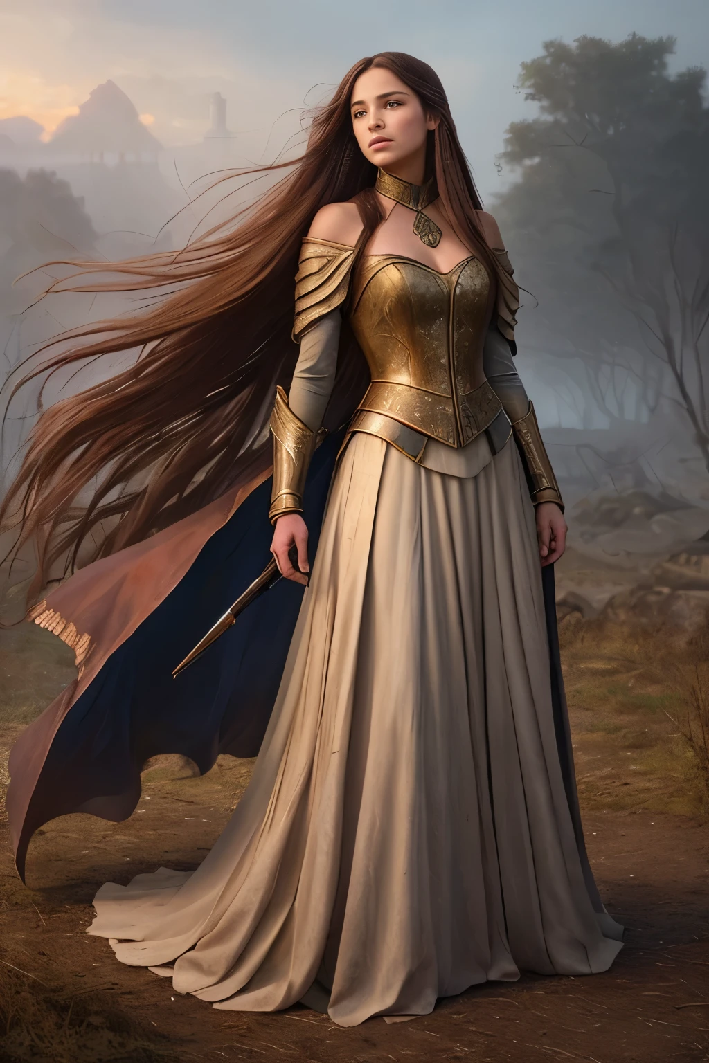 A young, enchanting woman adorned in a sleek, weathered leather hunting attire stands resolute before antiquated city gates. Her silvery cascade of long hair flows in the wind, as she is besieged from all sides by spectral souls. They assail her, clutching at her from the very earth beneath her feet, their ethereal forms laying invisible traps and tangles for her to navigate. Despite the intensity of the otherworldly presence, she maintains her composure, her eyes locked with determination, her posture regal and stoic. This exquisitely detailed scene, capturing the struggle between life and death, unfolds in the twilight, with