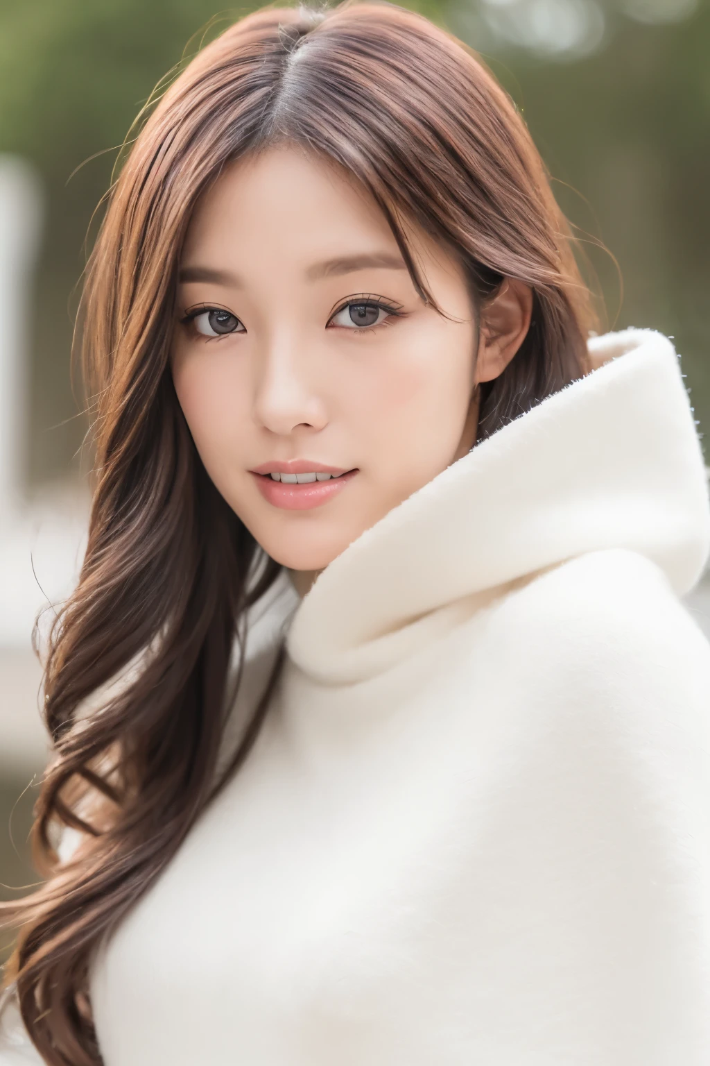 table top、(highest quality、4k、8k、High resolution、master piece: 1.2)、Super detailed、(real、photorealistic、photorealistic: 1.37),((White Cape and winter coat, wool sweater )), ((hair in a ban)),Complex and beautiful eyes、woman、Feminine hairstyle、natural color lip、(( posing))、smile, Cute and sexy shot looking at the camera,(( winter and snow outside )),((night)), 
