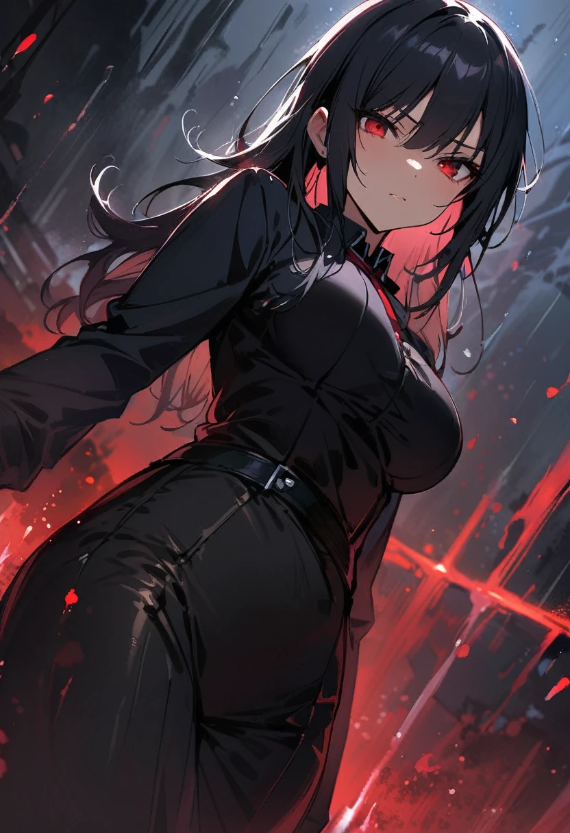 masterpiece, beauty, best quality, 1 girl, older woman, black hair, perfect eyes, dynamic angle, at night, Rain of blood, She will show you death!Gothic unusual art masterpiece