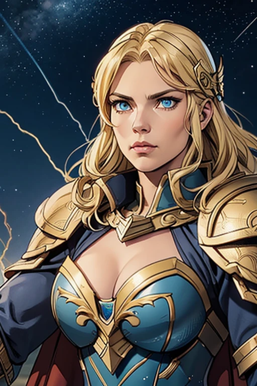 blonde haired norse goddess wearing a helmet, dark blue armor with gold trim, armored Gauntlet. cape with star-field. Cleavage. She has a stern expression. Winged helmet. Posed with arm raised Shooting lightning from hand.(detailed eyes, detailed face)