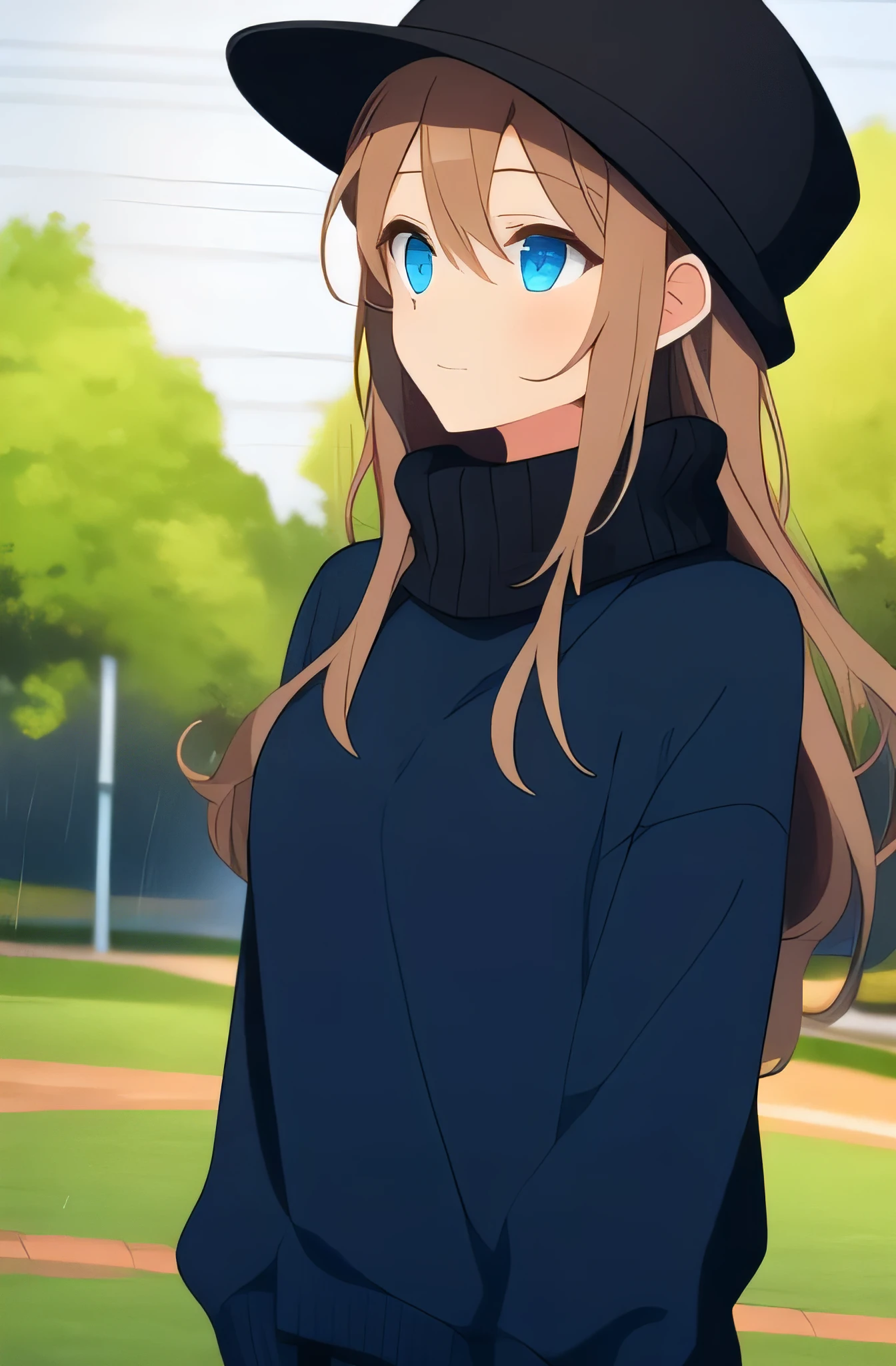 younger Brazilian woman, simple ART, beautiful standing, with eyeliner, cute, beautiful, blue eyes closed with long, very light brown hair, hair between her eyes wearing a super detailed black hat, wearing black leggings, wearing a sweater wide blue, in park on a rainy night. ((maximum quality)) Profile picture, LINE
