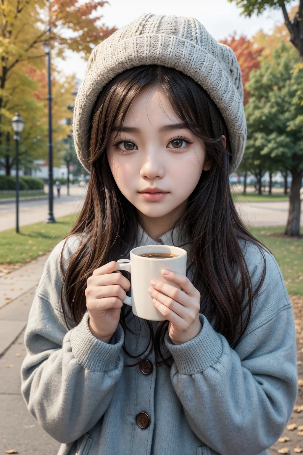 arafed woman holding a cup of coffee in a park, a picture inspired by Kim Jeong-hui, instagram, realism, ulzzang, 🍁 cute, cold as ice! 🧊, wearing a cute hat, lofi girl aesthetic, with hat, wearing a fisher 🧥, 🍂 cute, 2 0 2 0 fashion, 8k)), lofi girl