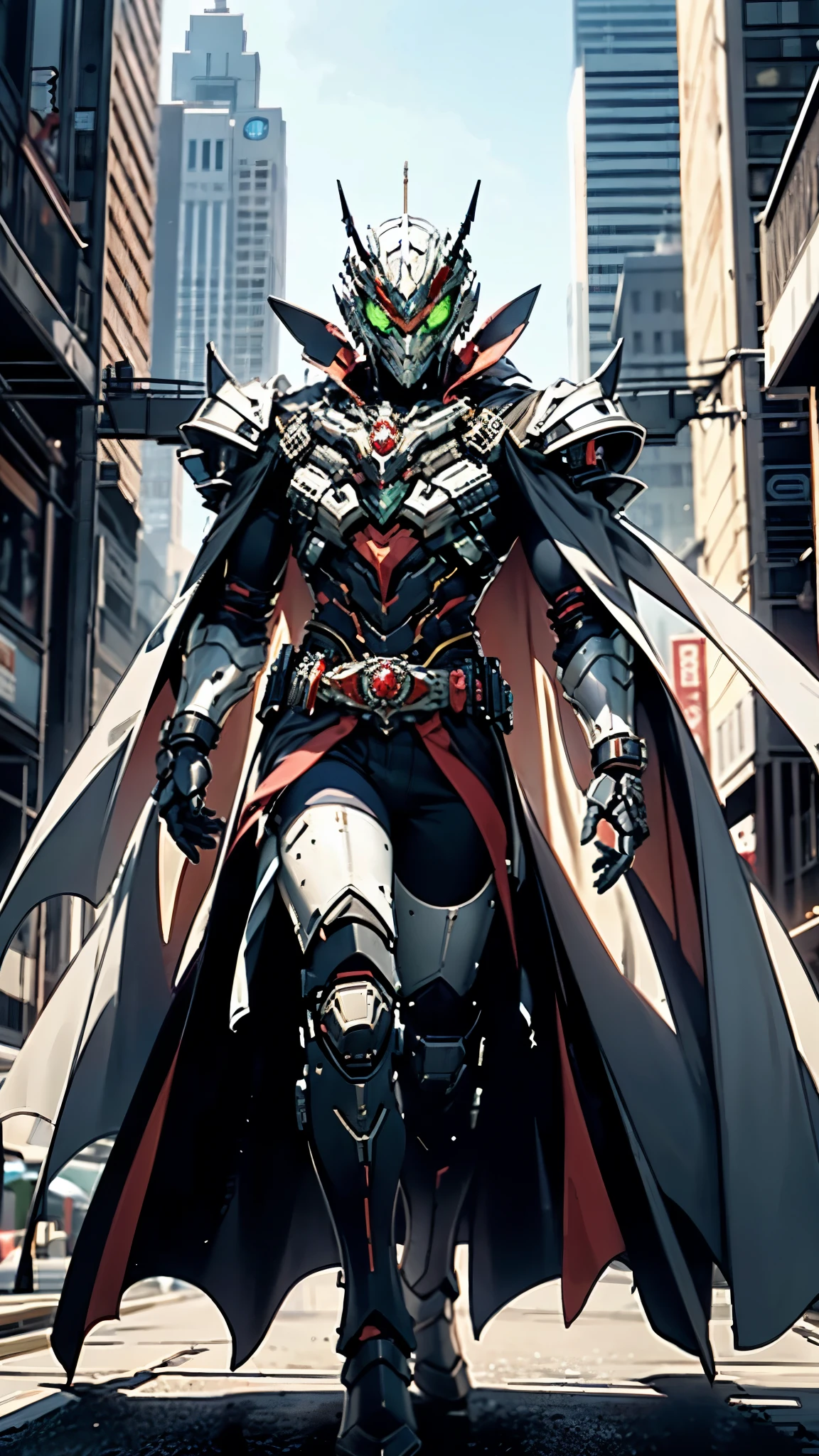 A man wearing a full-face helmet, a fantasy-style biotech armored combat suit, green eyes, (a composite layered chest armor), fully enclosed shoulder guards, matching arm and leg guards, the belt is adorned with fangs biting into gemstone, (the color scheme is primarily red with white and yellow accents), the design balances heavy with agility, a high-tech bio-mecha armor, (Armor Concept Inspired by Vampire, the huge cape fluttering in the wind, stand on the top of a skyscraper in a futuristic sci-fi city), this character embodies a finely crafted fantasy-surreal style armored hero in anime style, exquisite and mature manga art style, (battle damage, element, blood, plasma, energy, the armor glows), ((male:1.5)), metallic, real texture material, dramatic, high definition, best quality, highres, ultra-detailed, ultra-fine painting, extremely delicate, professional, perfect body proportions, golden ratio, anatomically correct, symmetrical face, extremely detailed eyes and face, high quality eyes, creativity, RAW photo, UHD, 32k, Natural light, cinematic lighting, masterpiece-anatomy-perfect, masterpiece:1.5