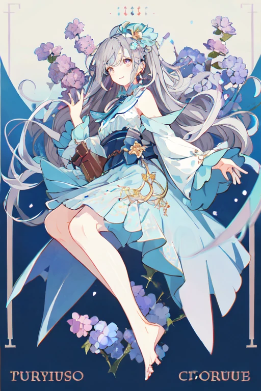 (masterpiece、最high quality、high quality)、One Girl、Girl with hydrangea in bloom、The tips of the hair are blue、Gray Hair、Long Hair、Wavy Hair、Short dress、Wind、Standing posture、An illustration、Looks energetic、Open hands、Relaxed pose、西洋Windファンアート，Rich in details, Extremely detailed character design, Beautiful full body concept art, Fantasy、barefoot、belt、string、smile