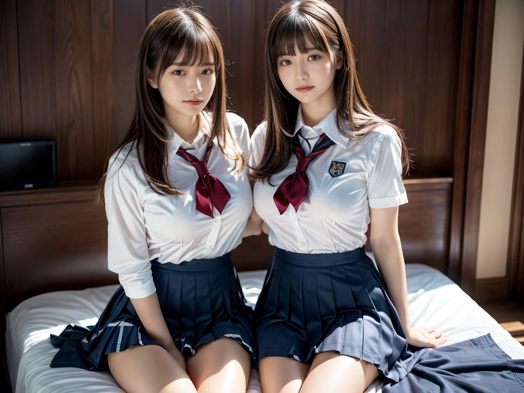 (RAW photo, 4k, masterpiece, high resolution, extremely complex) (realistic: 1.4), cinematic lighting
 ((2 girls, 2 schoolgirls)),Slam Dunk's,blushing,((innocent)),(Dark makeup),bright eyes,round eyes,blunt bangs,(straight hair:1.3),black hair,large breasts,wide hips,Summer Noon, 20 year old girl、cute type、ta,Hot, (Best Quality), (Highres), (an Extremely Delicate and Beautiful),(Beautiful 8k face),(Brown eyes),short bob hair,( spectators),(gigantic breasts),(Play with each other,Touching each other's bodies,Touching the body),(Japanese high school uniform:1.3),blue skirt,(reality),bright lighting,(The background is a luxury hotel room)