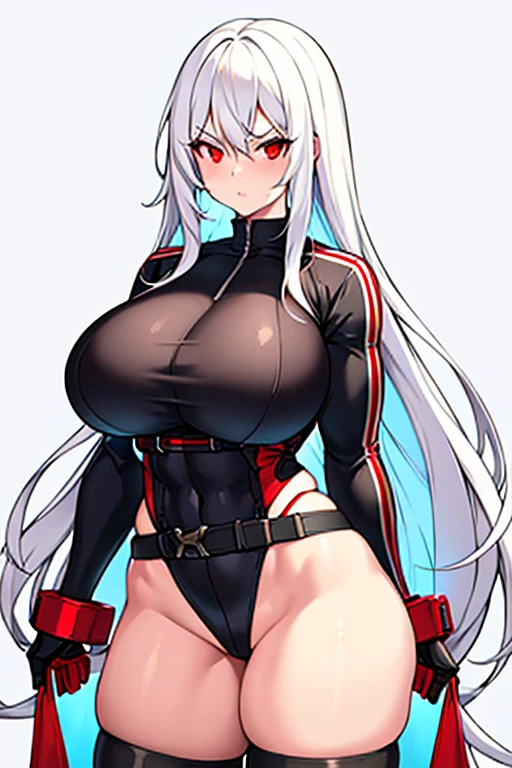 1girl, white hair, long hair, red eyes, serious, glowing eyes, large breasts, thick thighs, mature female, athletic female, toned, leotard, black leotard, thighhighs, belt, knife