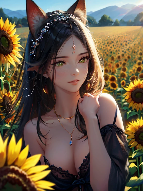 anime стиль, very good illustration, high detail, dynamic angle, excellent detail, 8K, summer day, Field of sunflowers, sunny day. BREAK Woman standing motionless., captivated by the beautiful scene, watching the sunflowers bloom. The look on her face says, that she is sincerely delighted with summer and the beauty of blooming sunflowers.. very good illustration, high detail, dynamic angle, Beautiful detail,2d, (Best quality, masterpiece, beauty, tenderness), anime, Very detailed face, very detailed eyes, very detailed background, Ideal lighting, whole body, 1 girl, One, (Very detailed cat ears), (Very detailed ears behind the hair), highly detailed eyes, The ears are covered with hair, very detailed hands, very detailed hands,