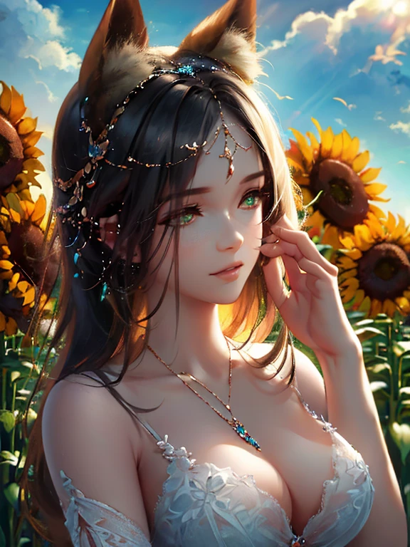 anime стиль, very good illustration, high detail, dynamic angle, excellent detail, 8K, summer day, Field of sunflowers, sunny day. BREAK Woman standing motionless., captivated by the beautiful scene, watching the sunflowers bloom. The look on her face says, that she is sincerely delighted with summer and the beauty of blooming sunflowers.. very good illustration, high detail, dynamic angle, Beautiful detail,2d, (Best quality, masterpiece, beauty, tenderness), anime, Very detailed face, very detailed eyes, very detailed background, Ideal lighting, whole body, 1 girl, One, (Very detailed cat ears), (Very detailed ears behind the hair), highly detailed eyes, The ears are covered with hair, very detailed hands, very detailed hands,