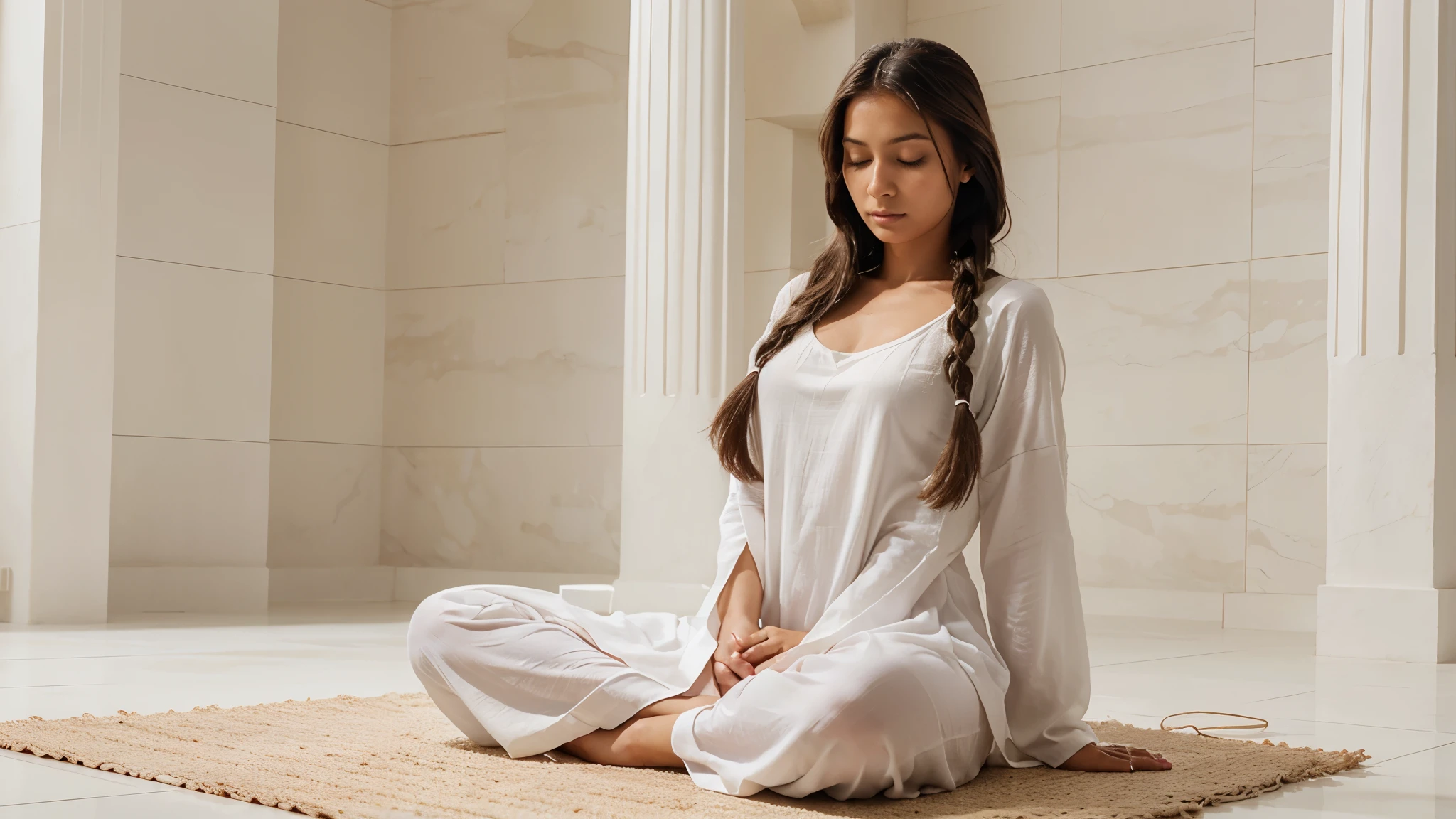 A brunette-skinned indian woman with long brown hair and braids, in a meditation position with her eyes closed and her hands in a prayer position. She is wearing a light lilac dress. The image should be a full-body shot in a meditation position, very realistic, in an all-white temple with a white floor, white stone walls, a white ceiling, and white columns.