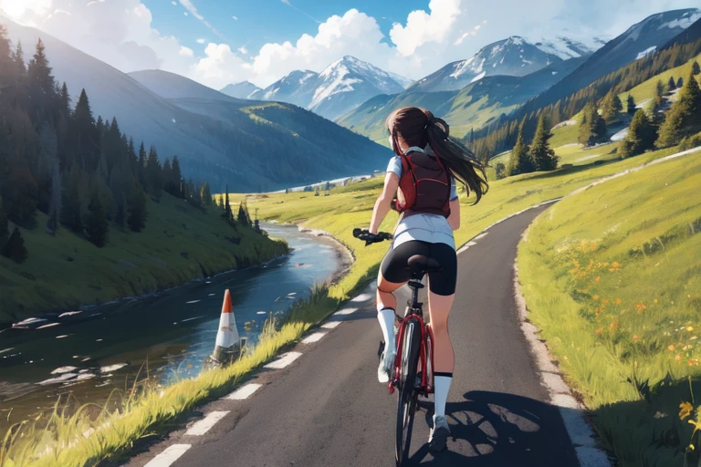 1girl , riding a bike, landscape