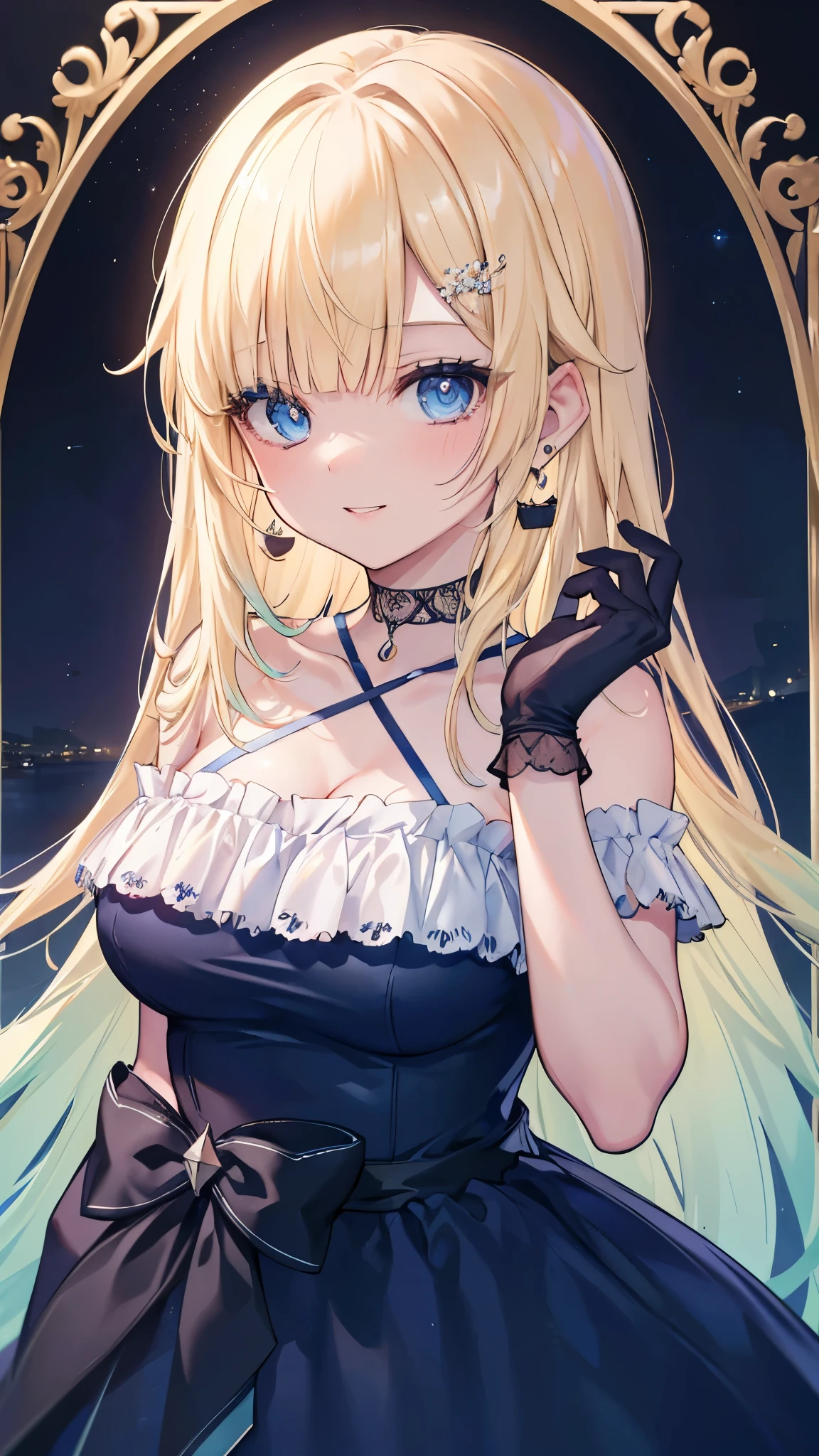 (8k、Best image quality、highest quality、masterpiece)、Detailed face、One girl、aizawa ema、Blonde、diagonal bangs、Blue eyes、hair ornaments、smile、Earrings、Large Breasts、Black choker、Blue Dress、Black gloves、Cowboy Shot、Luxury room background