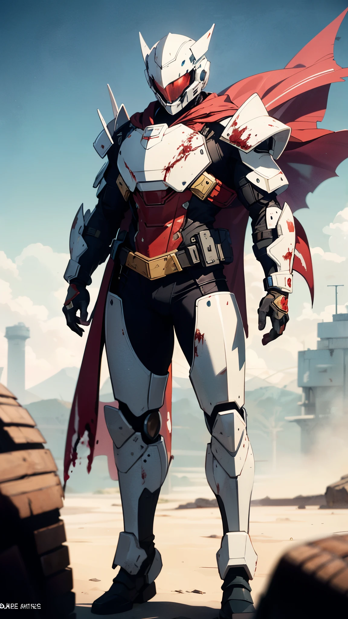 A man wearing a full-face helmet, a fantasy-style biotech armored combat suit, green eyes, (a composite layered chest armor), fully enclosed shoulder guards, matching arm and leg guards, the belt is adorned with fangs biting into gemstone, (the color scheme is primarily red with white and yellow accents), the design balances heavy with agility, a high-tech bio-mecha armor, (Armor Concept Inspired by Vampire, the huge cape fluttering in the wind, stand on the top of a skyscraper in a futuristic sci-fi city), this character embodies a finely crafted fantasy-surreal style armored hero in anime style, exquisite and mature manga art style, (battle damage, element, blood, plasma, energy, the armor glows), ((male:1.5)), metallic, real texture material, dramatic, high definition, best quality, highres, ultra-detailed, ultra-fine painting, extremely delicate, professional, perfect body proportions, golden ratio, anatomically correct, symmetrical face, extremely detailed eyes and face, high quality eyes, creativity, RAW photo, UHD, 32k, Natural light, cinematic lighting, masterpiece-anatomy-perfect, masterpiece:1.5