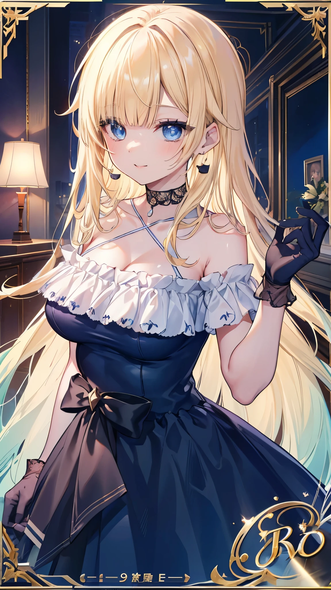 (8k、Best image quality、highest quality、masterpiece)、Detailed face、One girl、aizawa ema、Blonde、diagonal bangs、Blue eyes、hair ornaments、smile、Earrings、Large Breasts、Black choker、Blue Dress、Black gloves、Cowboy Shot、Luxury room background