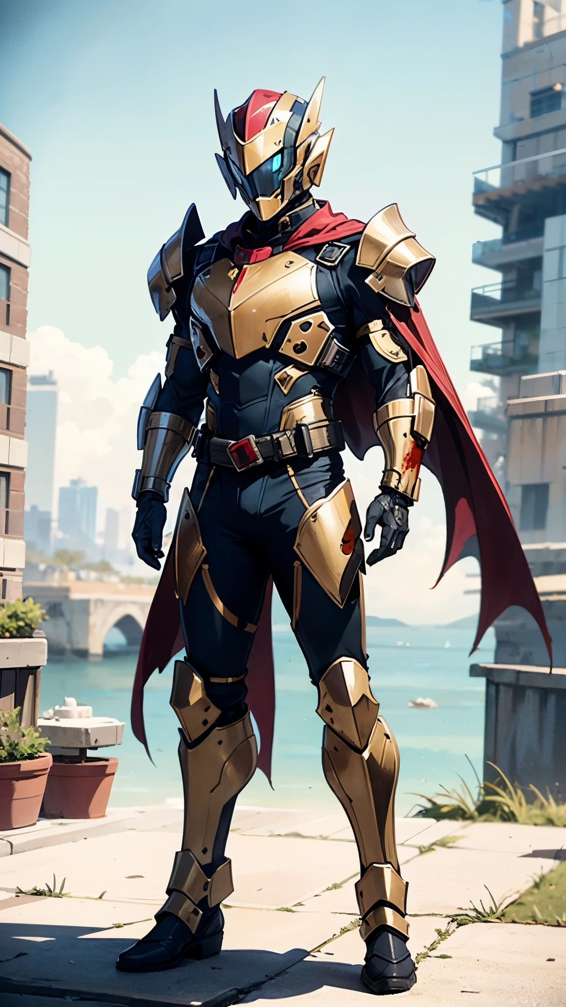 A man wearing a full-face helmet, a fantasy-style biotech armored combat suit, green eyes, (a composite layered chest armor), fully enclosed shoulder guards, matching arm and leg guards, the belt is adorned with fangs biting into gemstone, (the color scheme is primarily red with white and yellow accents), the design balances heavy with agility, a high-tech bio-mecha armor, (Armor Concept Inspired by Vampire, the huge cape fluttering in the wind, stand on the top of a skyscraper in a futuristic sci-fi city), this character embodies a finely crafted fantasy-surreal style armored hero in anime style, exquisite and mature manga art style, (battle damage, element, blood, plasma, energy, the armor glows), ((male:1.5)), metallic, real texture material, dramatic, high definition, best quality, highres, ultra-detailed, ultra-fine painting, extremely delicate, professional, perfect body proportions, golden ratio, anatomically correct, symmetrical face, extremely detailed eyes and face, high quality eyes, creativity, RAW photo, UHD, 32k, Natural light, cinematic lighting, masterpiece-anatomy-perfect, masterpiece:1.5