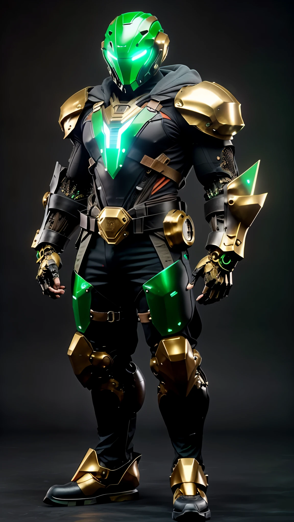 A man wearing a full-face helmet, a fantasy-style biotech armored combat suit, green eyes, (a composite layered chest armor), fully enclosed shoulder guards, matching arm and leg guards, the belt is adorned with exhaust pipes, (the color scheme is primarily black with green accents), the design balances heavy with agility, a high-tech bio-mecha armor, (Armor Concept Inspired by Cyberpunk motorcycle, stand on the top of a skyscraper in a futuristic sci-fi city), this character embodies a finely crafted fantasy-surreal style armored hero in anime style, exquisite and mature manga art style, (battle damage, element, plasma, energy, the armor glows), ((male:1.5)), metallic, real texture material, dramatic, high definition, best quality, highres, ultra-detailed, ultra-fine painting, extremely delicate, professional, perfect body proportions, golden ratio, anatomically correct, symmetrical face, extremely detailed eyes and face, high quality eyes, creativity, RAW photo, UHD, 32k, Natural light, cinematic lighting, masterpiece-anatomy-perfect, masterpiece:1.5
