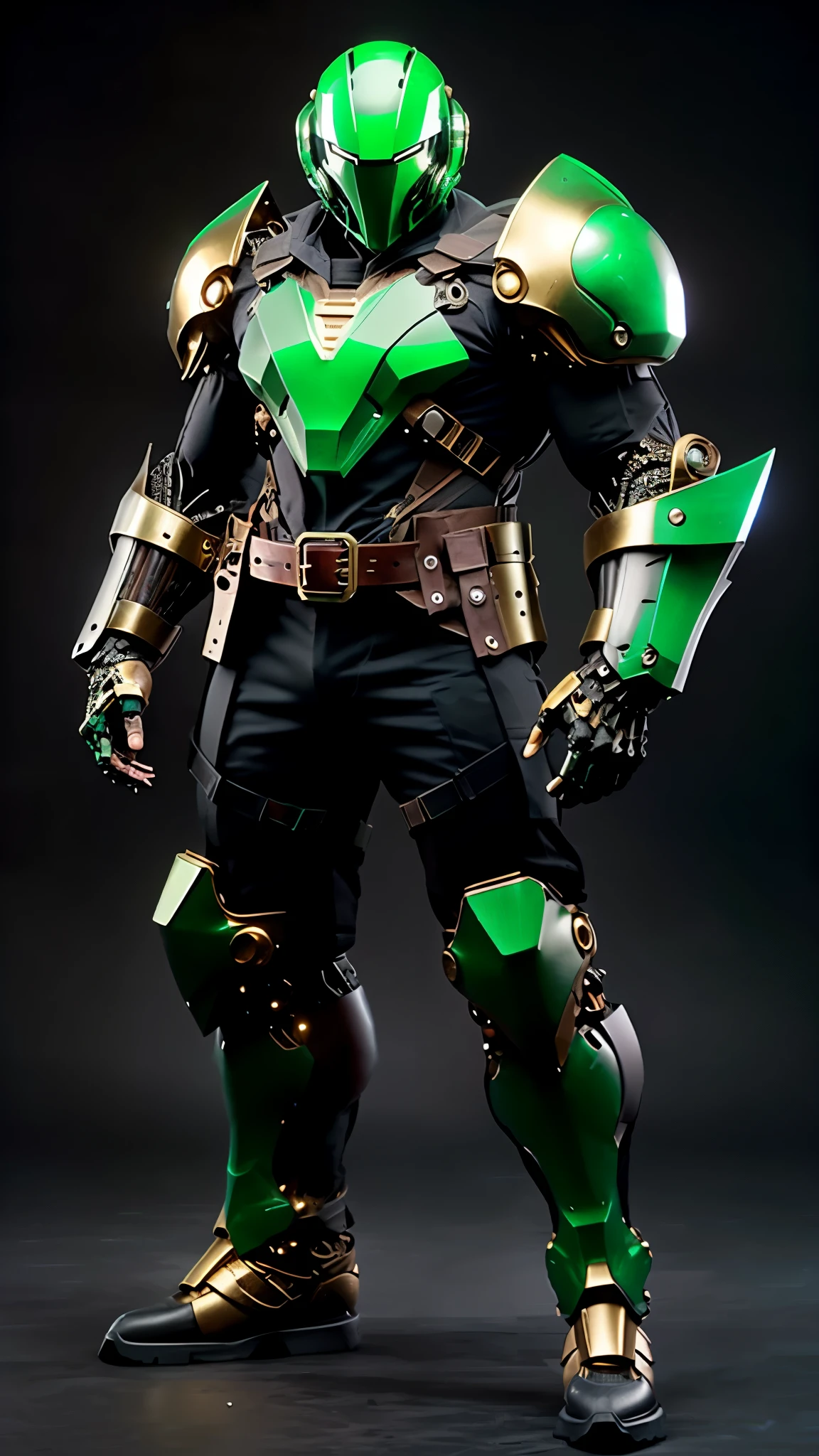 A man wearing a full-face helmet, a fantasy-style biotech armored combat suit, green eyes, (a composite layered chest armor), fully enclosed shoulder guards, matching arm and leg guards, the belt is adorned with exhaust pipes, (the color scheme is primarily black with green accents), the design balances heavy with agility, a high-tech bio-mecha armor, (Armor Concept Inspired by Cyberpunk motorcycle, stand on the top of a skyscraper in a futuristic sci-fi city), this character embodies a finely crafted fantasy-surreal style armored hero in anime style, exquisite and mature manga art style, (battle damage, element, plasma, energy, the armor glows), ((male:1.5)), metallic, real texture material, dramatic, high definition, best quality, highres, ultra-detailed, ultra-fine painting, extremely delicate, professional, perfect body proportions, golden ratio, anatomically correct, symmetrical face, extremely detailed eyes and face, high quality eyes, creativity, RAW photo, UHD, 32k, Natural light, cinematic lighting, masterpiece-anatomy-perfect, masterpiece:1.5