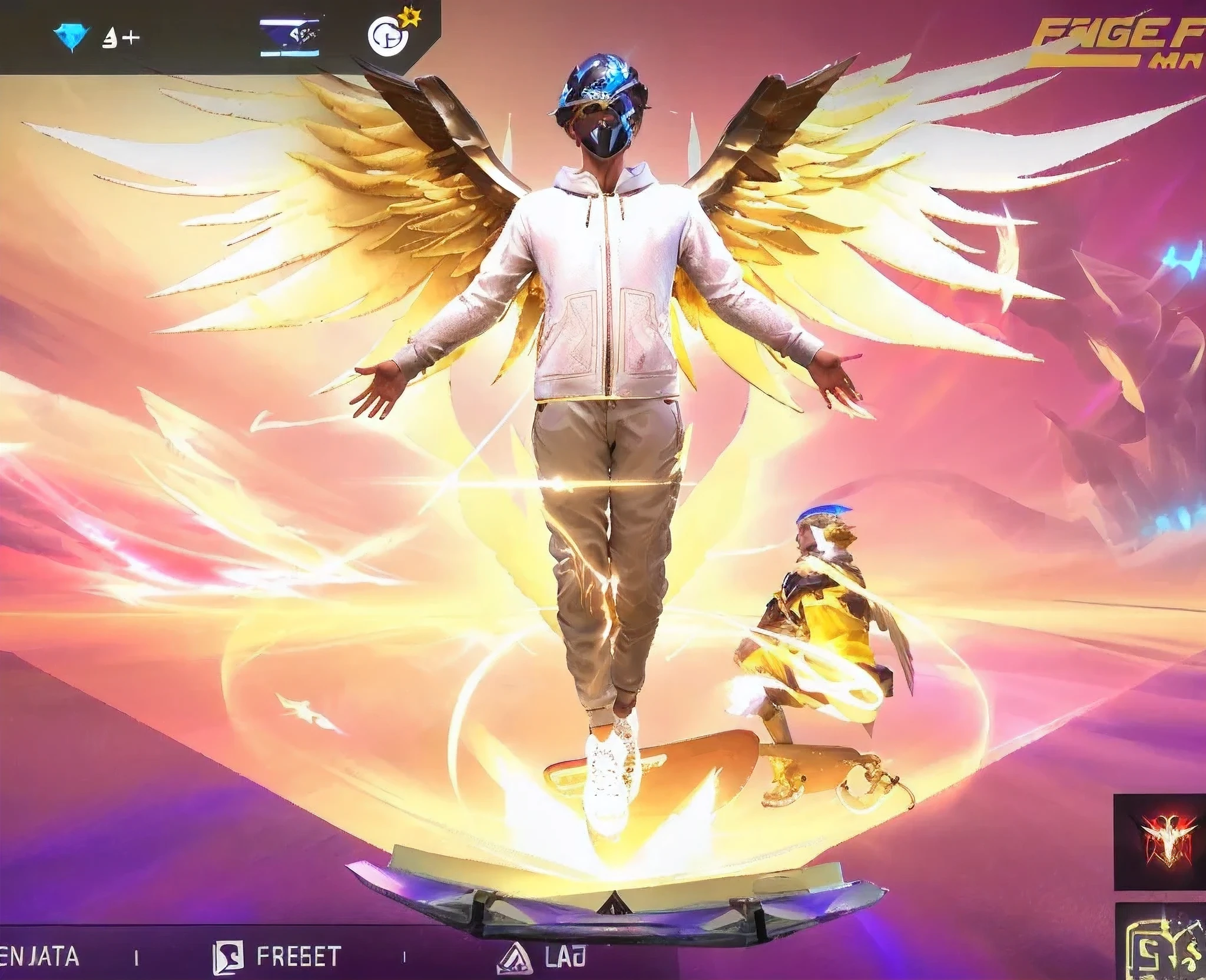 there is a man on a skateboard with wings on it, full - body majestic angel, epic angel wings, big white glowing wings, epic angle and pose, male with halo, his arms spread. ready to fly, full body picture, background is heavenly, winged human, exotic god features, tane skin, glowing angelic being, angelic halo, wings made of light