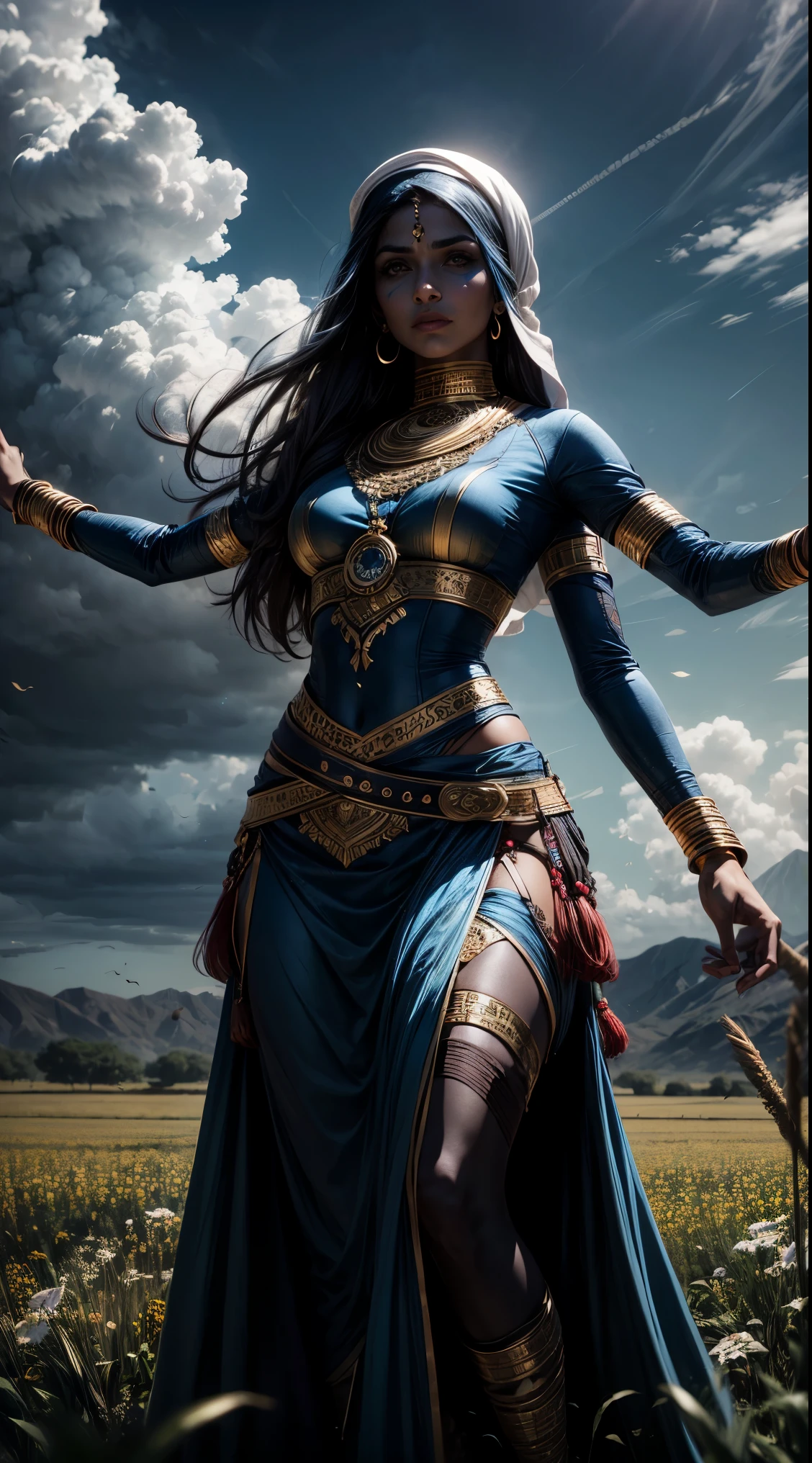 arab woman, blue skin, she has four arms, indian woman, battle rogue clothes, field, clouds