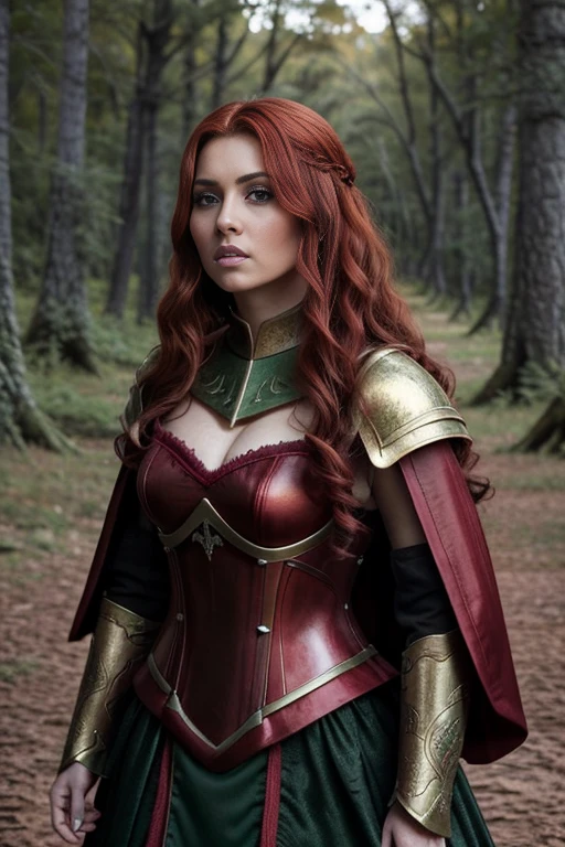 Un primer plano de una mujer con un vestido verde en un bosque, diosa pelirroja, better known as amoranto, amoranto, Pelirrojo girl, Pelirrojo woman, beautiful Pelirrojo woman, she is Pelirrojo, cabeza roja, en el bosque, impresionante hermosa, con pelo rojo y ojos verdes, reina del bosque, Pelirrojo queen in heavy red armor, Pelirrojo
