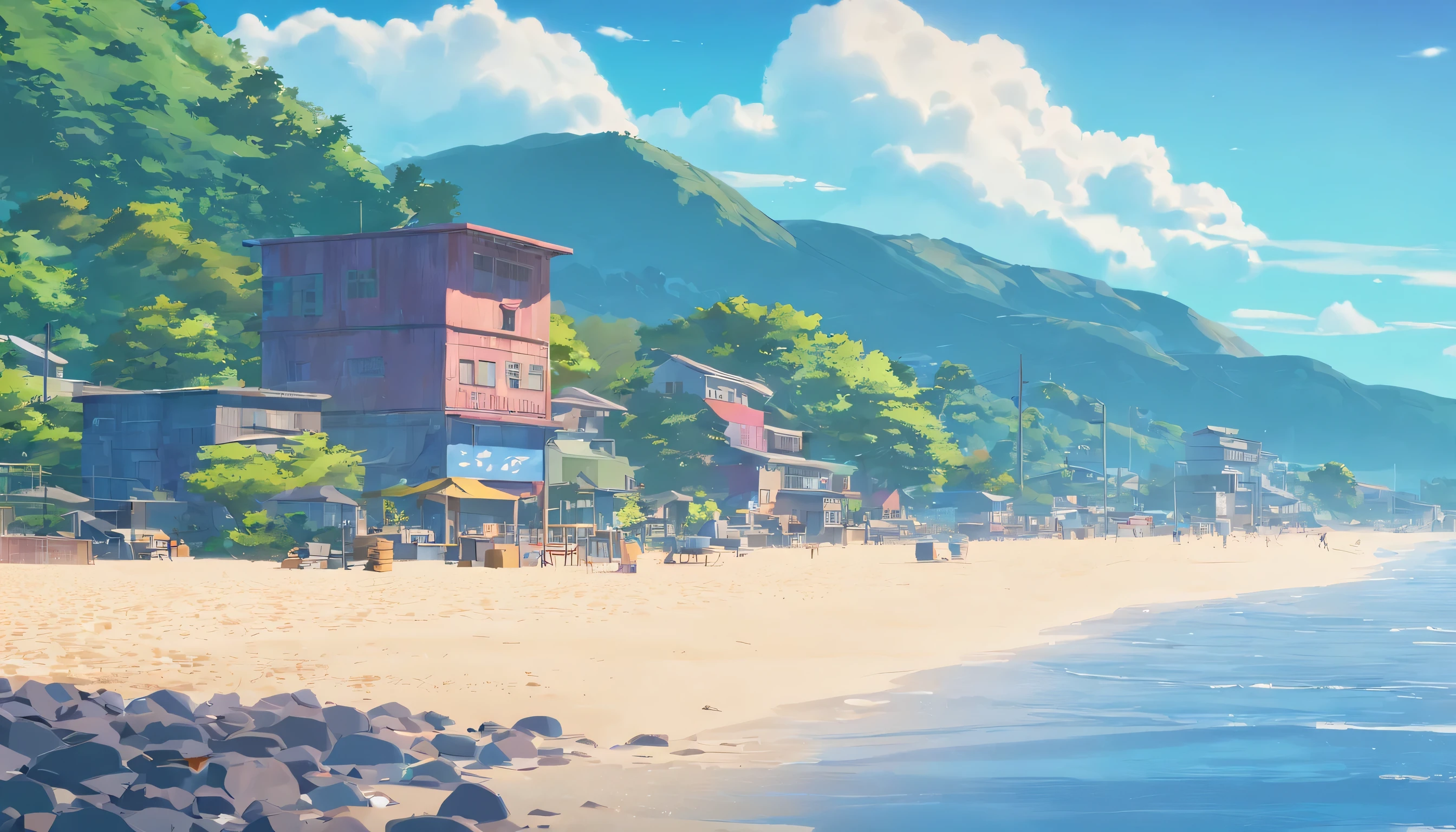 At the edge of beach, close shot, rendered in unreal engine 5, Realistic, detaileds, ultra-quality, dark sky, No human, No living creatures, There is no earth, No rocks, Pacific, calm sea ,realisitic, factory on the side, factory waste, polluted water, plastic rubbish
