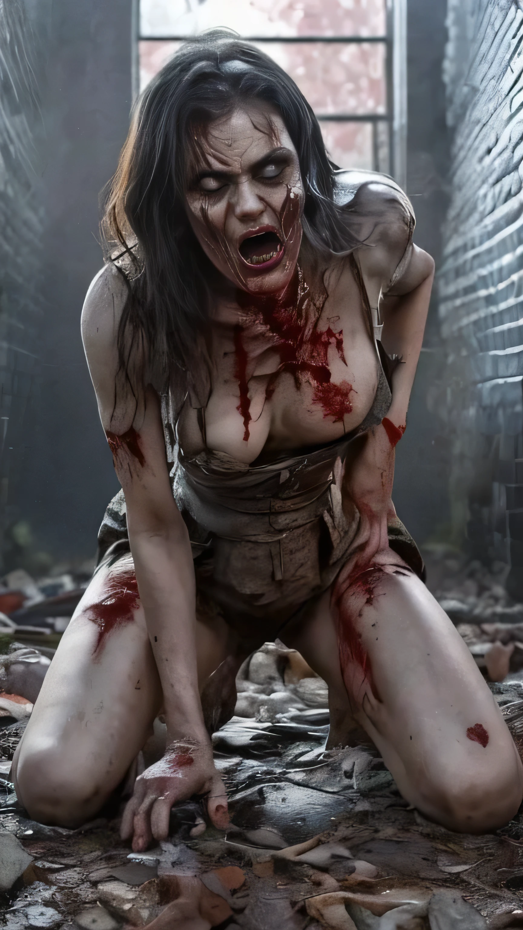 "Create an artistic rendering of a seductive zombie model lying dead immediately after a fresh zombie bite, just before reanimation. She should have dead eyes and her body should show signs of death from the zombie attack, such as fresh bites, gashes, and blood. Her limp body should lie on the ground with her legs spread apart, emphasizing her eerily attractive essence. Her clothing should be torn and dirty from the struggle, with explicit exposure of intimate parts. Add details like twisted hair and contorted lips to add character. Emphasize subtle erotic details such as sensual curves and poses while maintaining a tasteful presentation. The background should depict a scene of a fierce battle for survival, filled with signs of chaos and destruction like blood trails, broken objects, and combat marks to highlight the dramatic nature of the scene. The overall image should exude an aura of deadly beauty and horrifying charm."