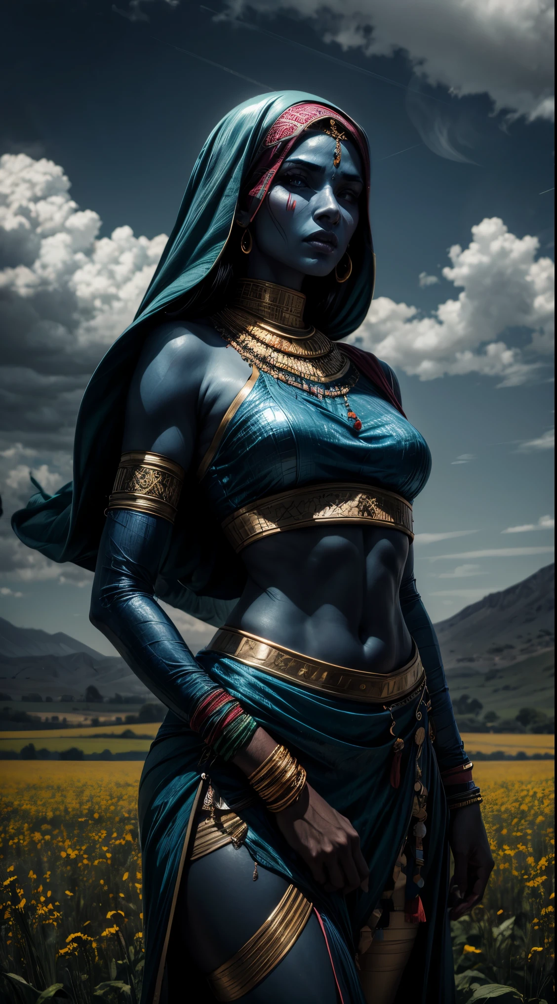 arab woman, blue skin, she has four arms, indian woman, battle rogue clothes, field, clouds 