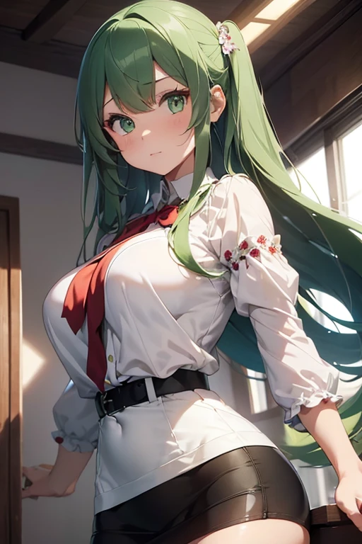 /(Girl),(beautiful young woman),(with long green hair and green eyes with a super pretty face and a super sensual body with a super big ass e And her super large breasts measuring 234.30cm),(White skin),(Wearing),+,(a sexy super short and tight pencil skirt And wearing a floral blouse with trendy elements, such as the gathered cutout at the bust and puffed sleeves)