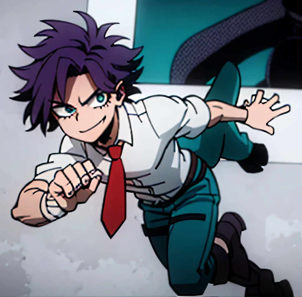 1 boy, muscular body, short curly hair, purple hair, emerald eyes, smile, looking at viewer, cowboy shot, solo, male focus, gray jacket, red tie, white shirt, teal pants, boots