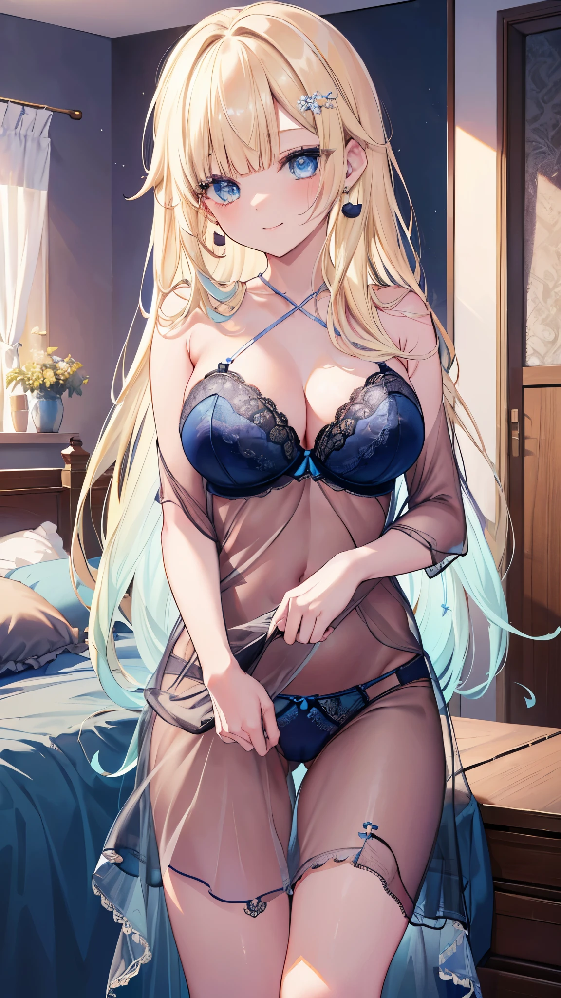 (8k、Best image quality、highest quality、masterpiece)、Detailed face、One girl、aizawa ema、Blonde、diagonal bangs、Blue eyes、hair ornaments、smile、Earrings、Large Breasts、((blue lace bra))、((bluelace panties))、((negligee))、((see-through))、Cowboy Shot、Bedroom Background