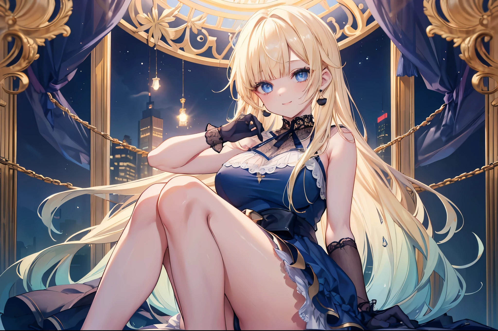 (8k、Best image quality、highest quality、masterpiece)、Detailed face、One girl、aizawa ema、Blonde、diagonal bangs、Blue eyes、hair ornaments、smile、Earrings、Large Breasts、Blue Dress、Black gloves、Cowboy Shot、sitting, knees up、Shoot from below、On the bed