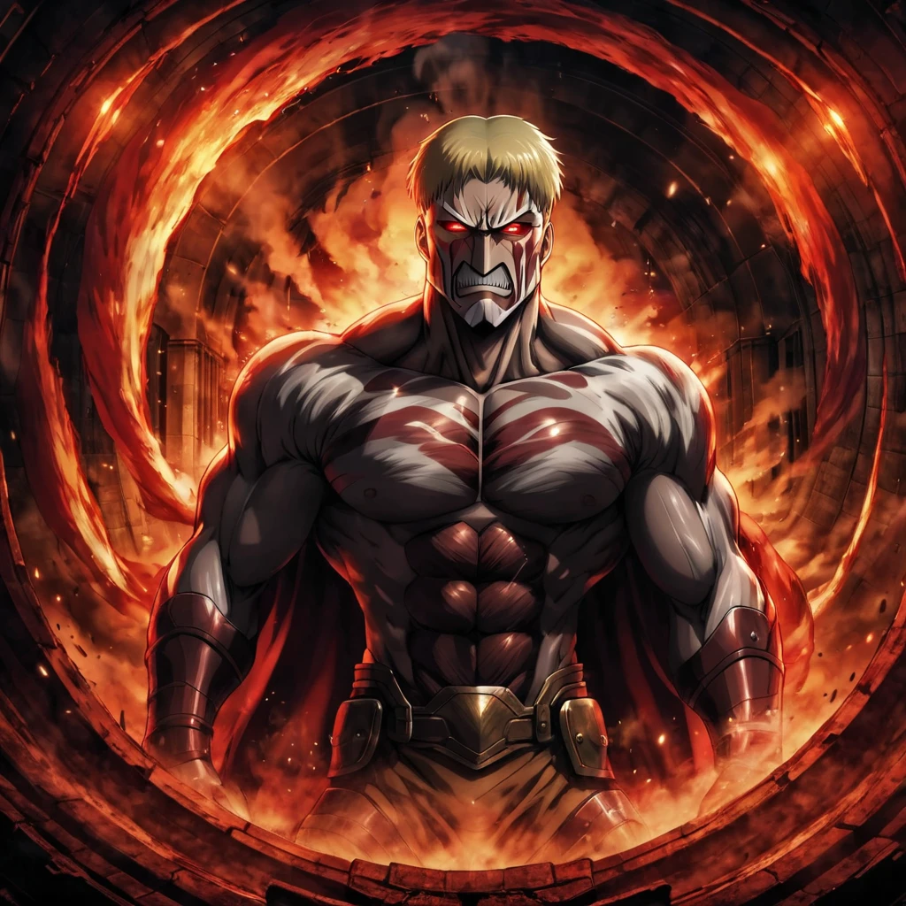 armored titan, muscular, giant, size ratio, short hair, blonde, building, teeth, armor on body, armor on face, light in eyes, steam and smoke, head to knees, red muscles ,