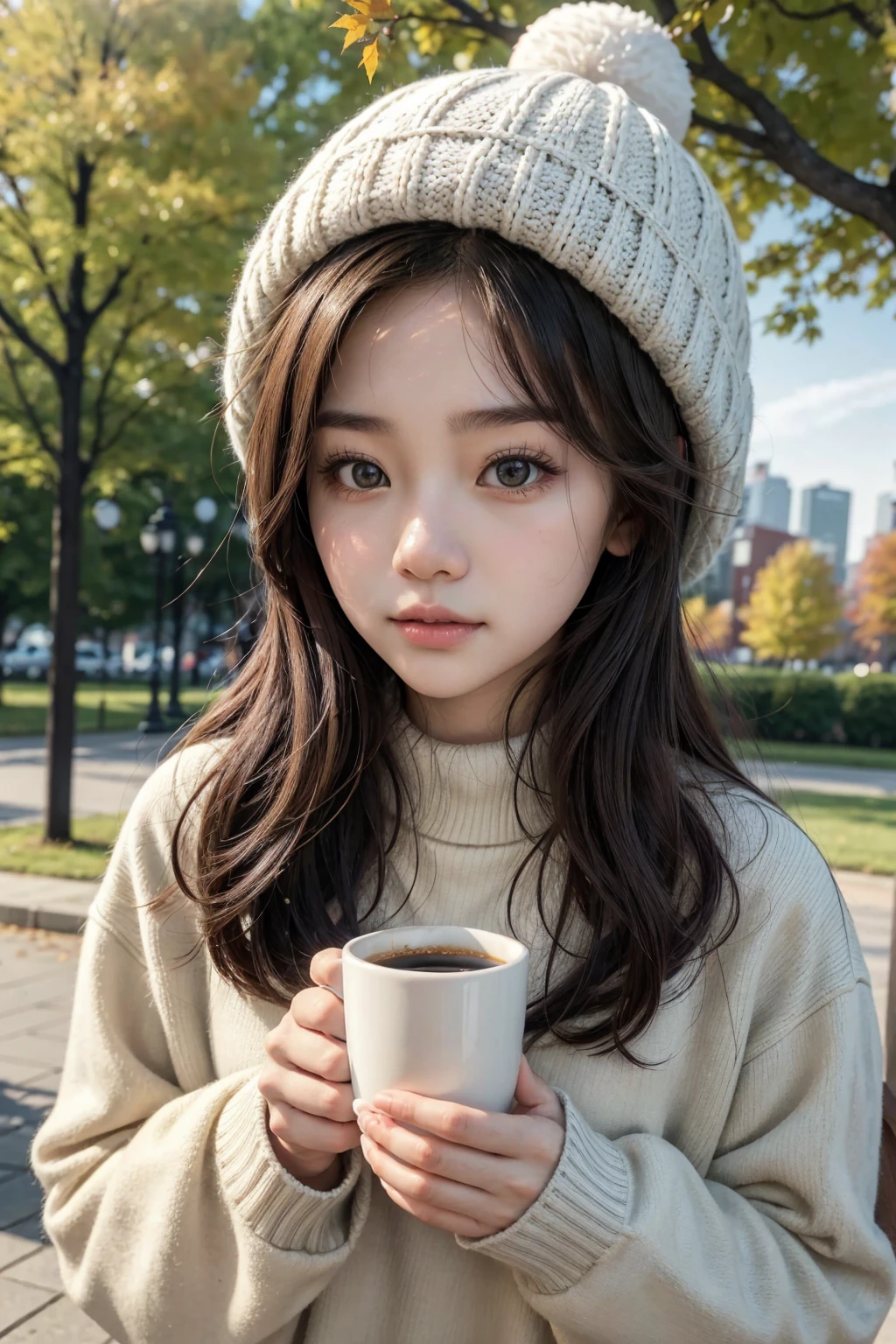 arafed woman holding a cup of coffee in a park, a picture inspired by Kim Jeong-hui, instagram, realism, ulzzang, 🍁 cute, cold as ice! 🧊, wearing a cute hat, lofi girl aesthetic, with hat, wearing a fisher 🧥, 🍂 cute, 2 0 2 0 fashion, 8k)), lofi girl