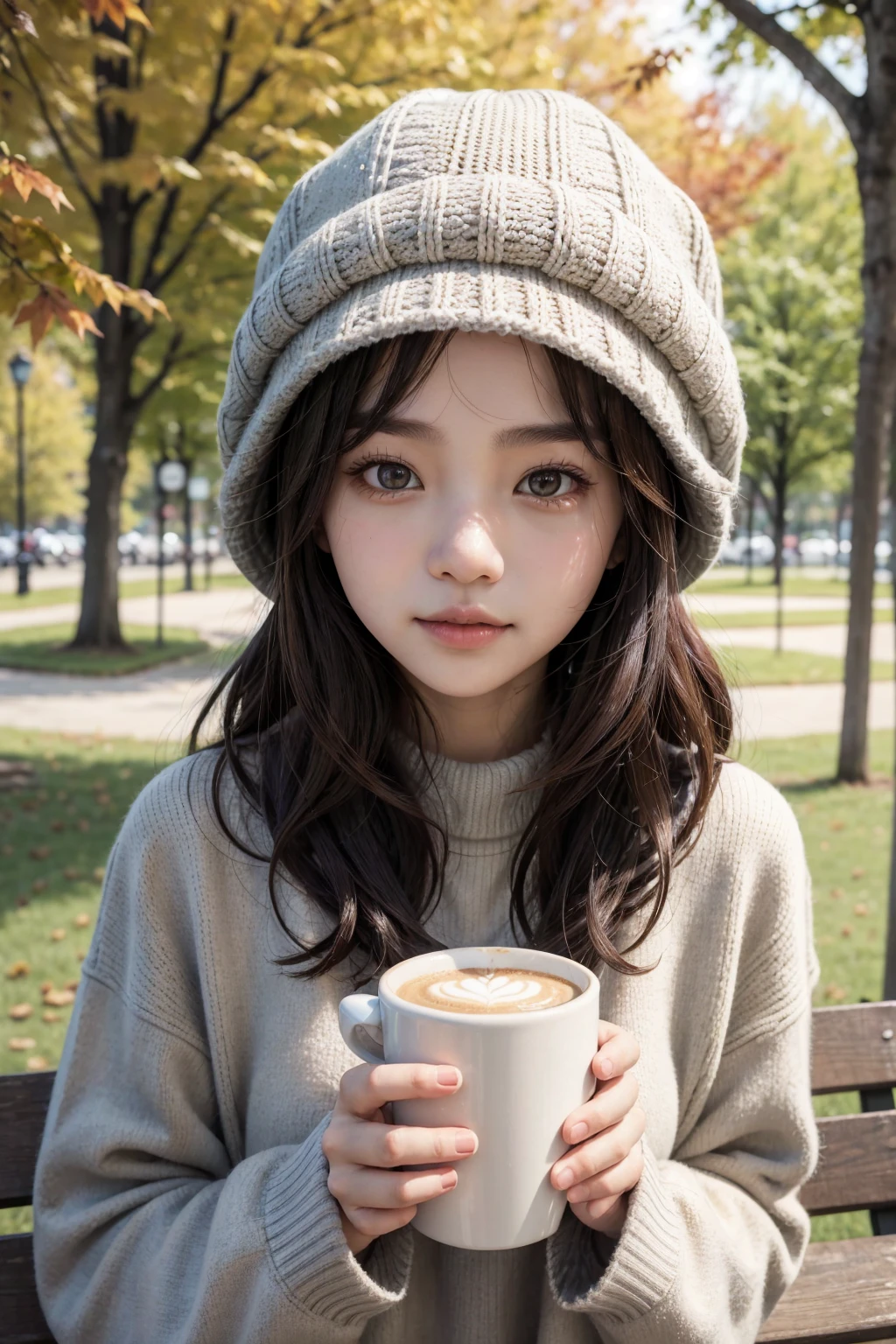 arafed woman holding a cup of coffee in a park, a picture inspired by Kim Jeong-hui, instagram, realism, ulzzang, 🍁 cute, cold as ice! 🧊, wearing a cute hat, lofi girl aesthetic, with hat, wearing a fisher 🧥, 🍂 cute, 2 0 2 0 fashion, 8k)), lofi girl