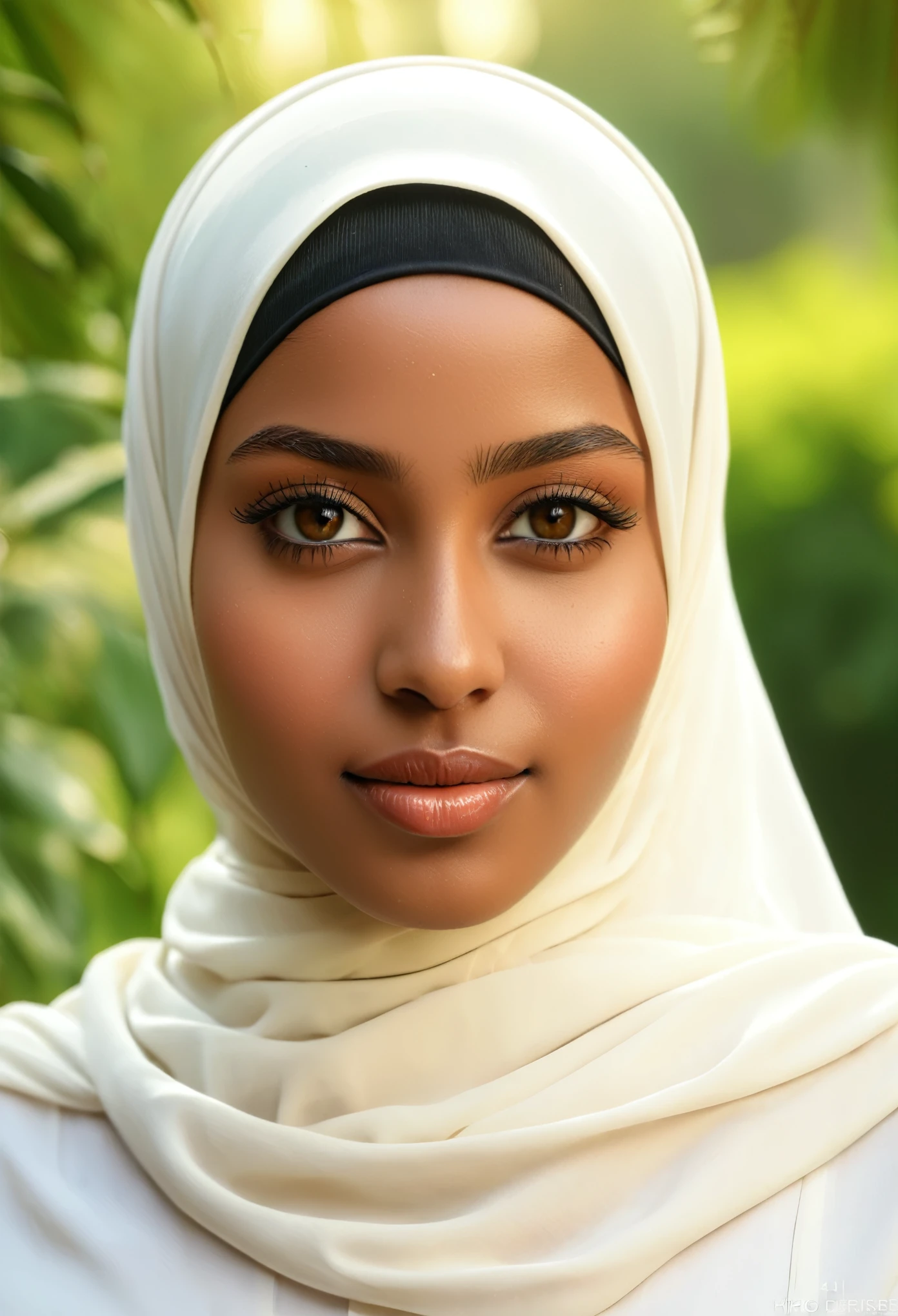 a beautiful young Sudanese girl, detailed facial features, long eyelashes, full lips, delicate skin, elegant hijab, natural sunlight, outdoor garden setting, lush greenery, (best quality,4k,8k,highres,masterpiece:1.2),ultra-detailed,(realistic,photorealistic,photo-realistic:1.37),intricate details, warm color tones, soft lighting, cinematic composition, portrait style