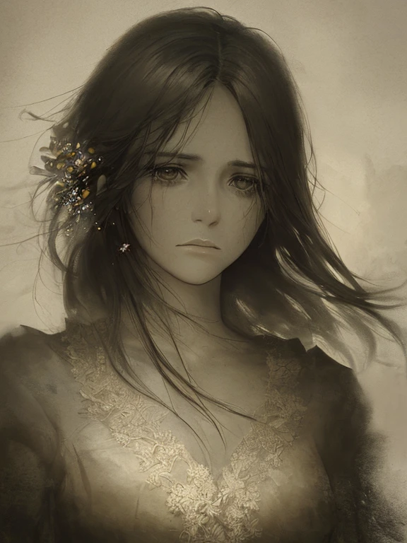 beautiful woman, sorrowful expression, faded elegance, poignant atmosphere, lost beauty, melancholic aura, hauntingly captivating, timeless grief, stark contrast, delicate decay, line art, wind, backlighting, stardust, knight, orange flowers, realistic, detailed, high quality, masterpiece,