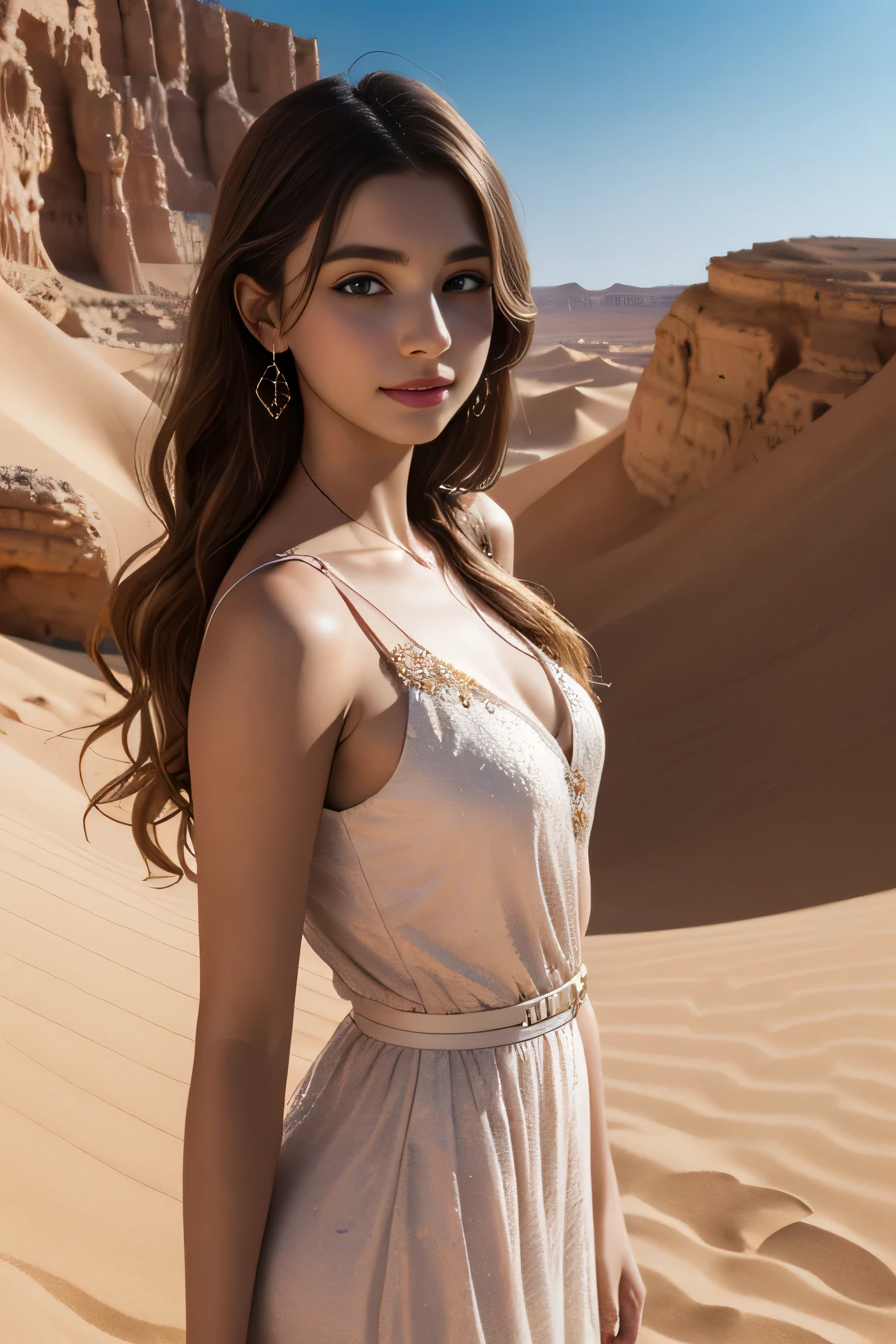 1girl, tying around waist, mini skirt, legs, detailed face, looking at viewer, very long hair, loose strapless tube top, detached short sleeves, clavicle, tilt shoulder, (beautiful sleek embroidery:1.2), dark hair, blue eyes, sensual and seductive look, ancient accessories, jewelry in her arms, red clothes, layered outfit, outdoors, (desert sands), (oasis, puddles:1.2), (date palms), ((pyramids:0.6):1.2), (masterpiece, high resolution, photorealistic, vibrant, realistic:1.2),