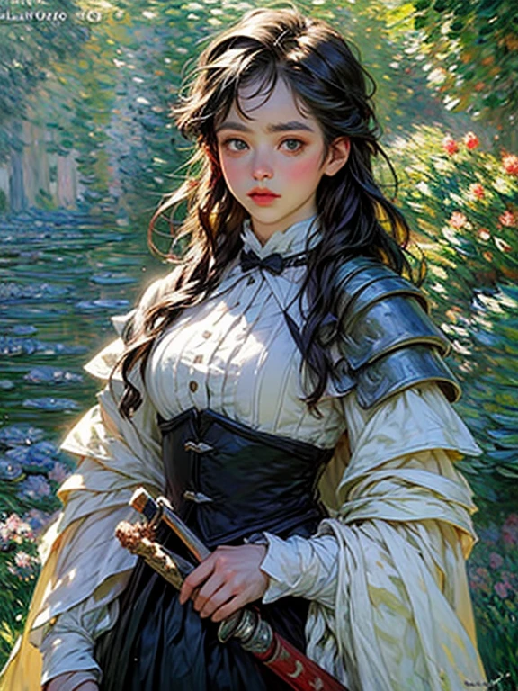(Claude Monet Style:1.5) Claude_Monet, a picture of woman paladin of nature protecting the forest, a woman knight, black hair, long hair, full body (best details, Masterpiece, best quality :1.5), ultra detailed face (best details, Masterpiece, best quality :1.5), ultra feminine (best details, Masterpiece, best quality :1.5), black hair, long hair, braided hair, pale skin, (deep blue: 1.2) eyes, intense eyes, wearying heavy armor, white armor (best details, Masterpiece, best quality :1.5), green cloak, armed with a sword, glowing sword GlowingRunes_green, fantasy forest background, D&D art, RPG art, magical atmosphere magic-fantasy-forest, ultra best realistic, best details, best quality, 16k, [ultra detailed], masterpiece, best quality, (extremely detailed), ultra wide shot, photorealism, depth of field, hyper realistic painting, wearing MHmix