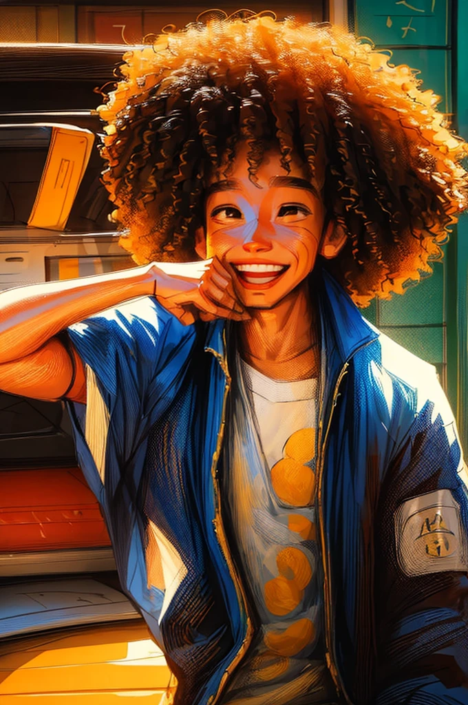a boy, with curly hair, brown eyes and brown skin, wearing a blue blouse with Naruto printed on it, he is short and is always laughing