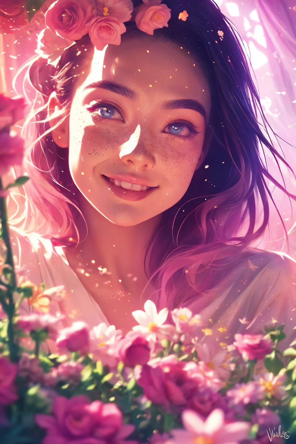 (This is a beautiful, intricate, (romatic) fantasy image that emphasizes beauty and grace.) Generate a blind curvy woman with soft natural freckles. Her face is important and should be (perfectly formed) with (beautiful puffy lips) and (perfect features). There is a cute freckle birthmark on her lip. The image exudes ethereal beauty and soft fantasy, with shimmering shades of pink throughout. Surround her with eternal roses in shimmering shades. Ensure perfection in her face, hair, and eyes. Include sweet and detailed birds and soft, luminous flowers and detailed roses. Utilize dynamic composition and dramatic lighting and cinematic lighting to create an interesting fantasy image. The background of the image is interesting and ultra-detailed, with soft fantasy lighting and gradients. Include fantasy details, cute aura, colorful, colourful, and interesting magical background. The image's background is decorated in shades of pink, shimmer, glitter, and fantasy details like colored bubbles and cosmos. Include subtle freckles, natural freckles and a diffused realistic skin tone. Incorporate elements of high fantasy, whimsy, and detailed elegance. English rose, princess, courtesan, noblewoman, sweet, lovely, calm, lovely, shimmering, glimmering, glittering, astrological fantasy, (((masterpiece))), (highest quality), magic rose, fantasy garden, beautiful face, perfect face, puffy lips, interesting, shy smile, fantasy elements, magic rose, beautiful eyes, perfect puffy lips, jewel tones, luminosity. Taken with a canon camera.