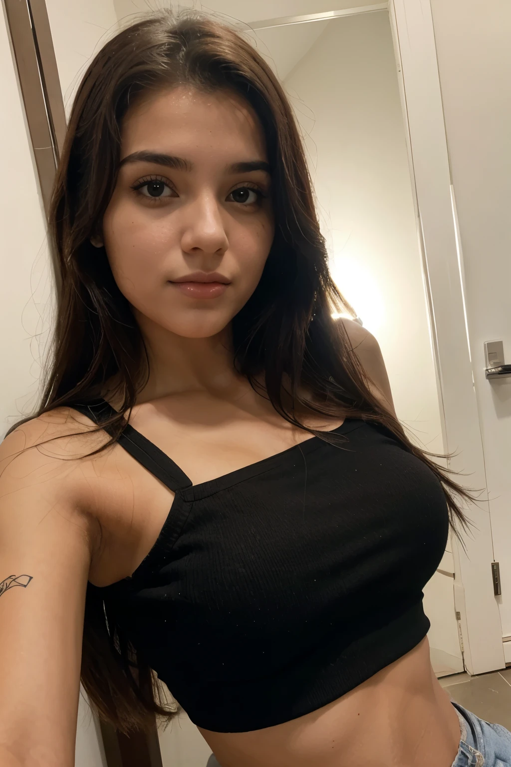 Mulher jovem com seios enormes e quadril largo, rosto bonito.